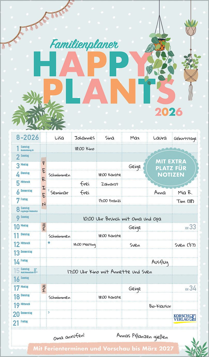 Korsch Verlag Familienkalender Korsch Kalender Familienplaner Happy Plants 2026