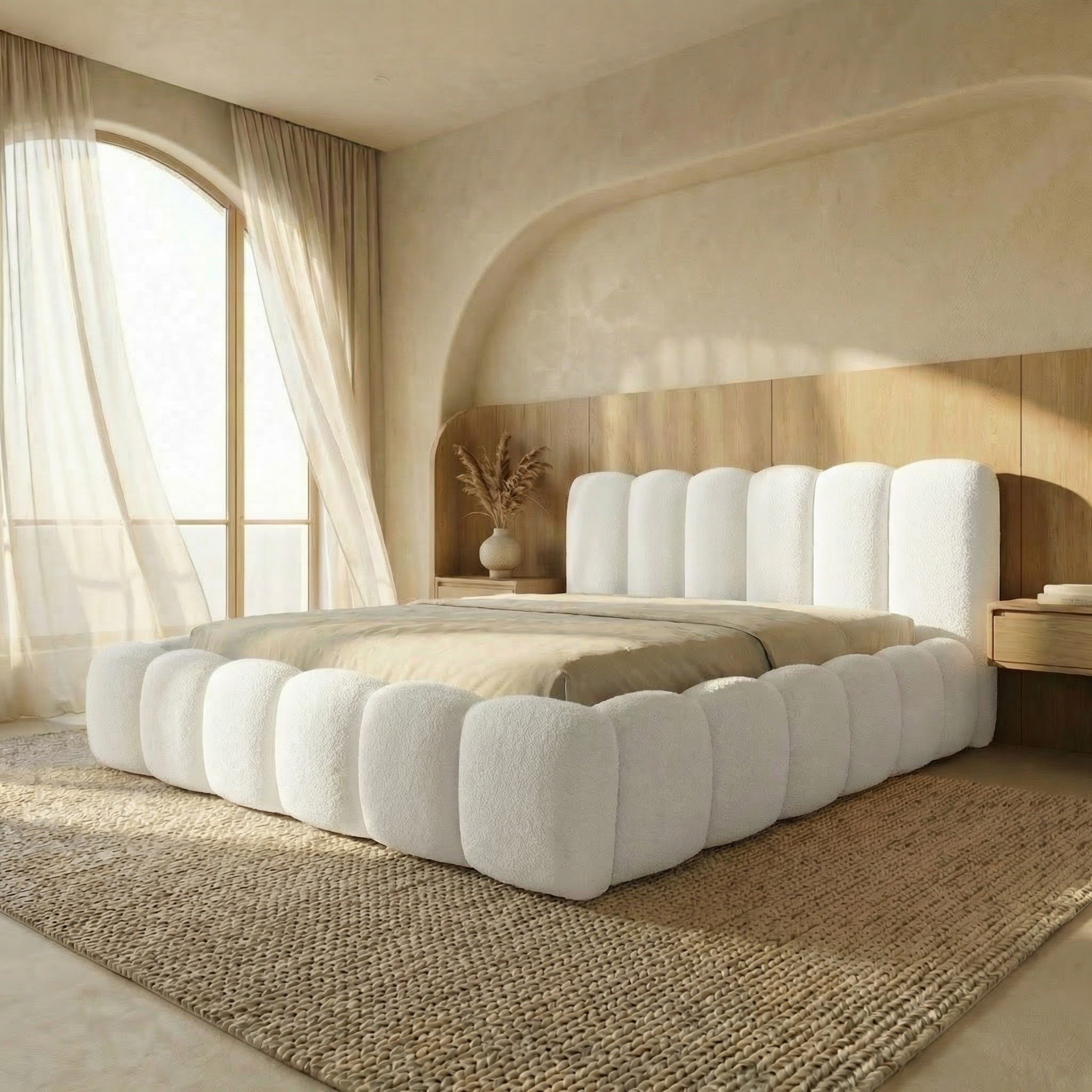 yourhouse24 Polsterbett DALLAS Slim Bubble-Design aus Bouclé, inkl. Bettkasten, Platzsparendes Chunky-Bett mit vertikaler Steppung – Bild 3 von 5