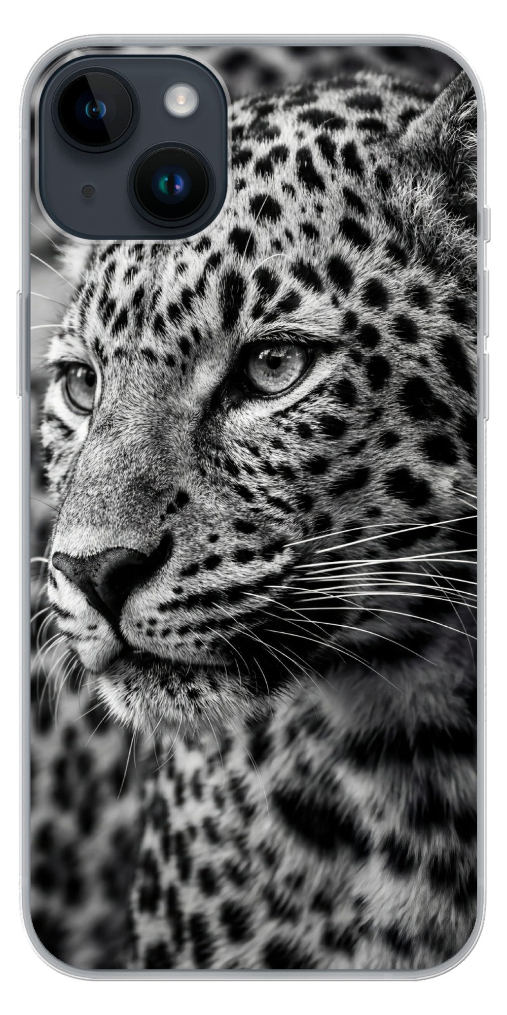 MuchoWow Handyhülle für Apple iPhone 14 Plus Leopard - Schwarz - Weiß - Auge, Smartphone-Bumper, Print, Handy Schutzhülle Dünn