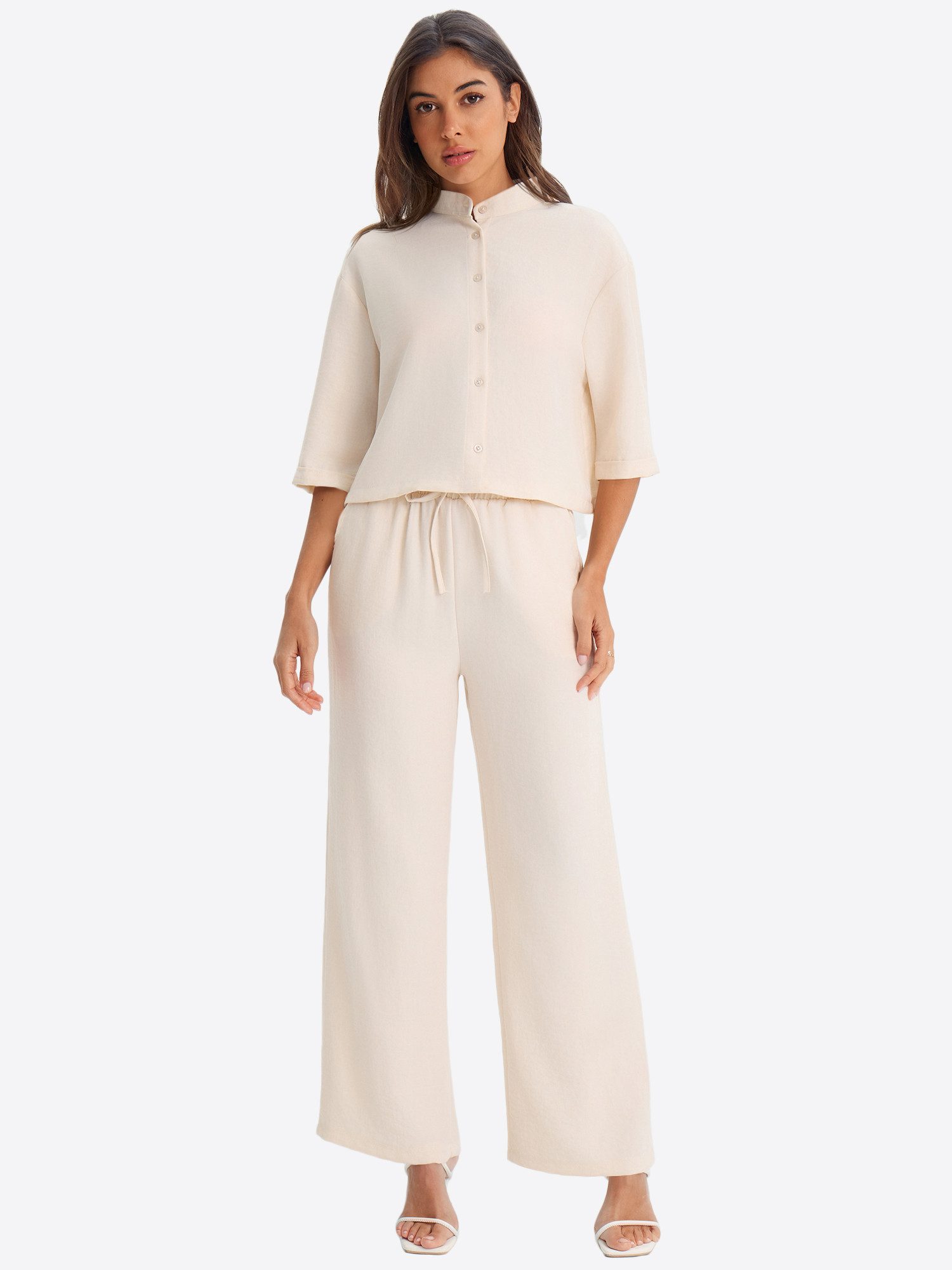 Imily Bela Hausanzug Damen 2-teilige Sets (Set, 2 tlg., Kurzärmeliges Top mit Knopfleiste; Hose mit Kordelzug) einfarbig