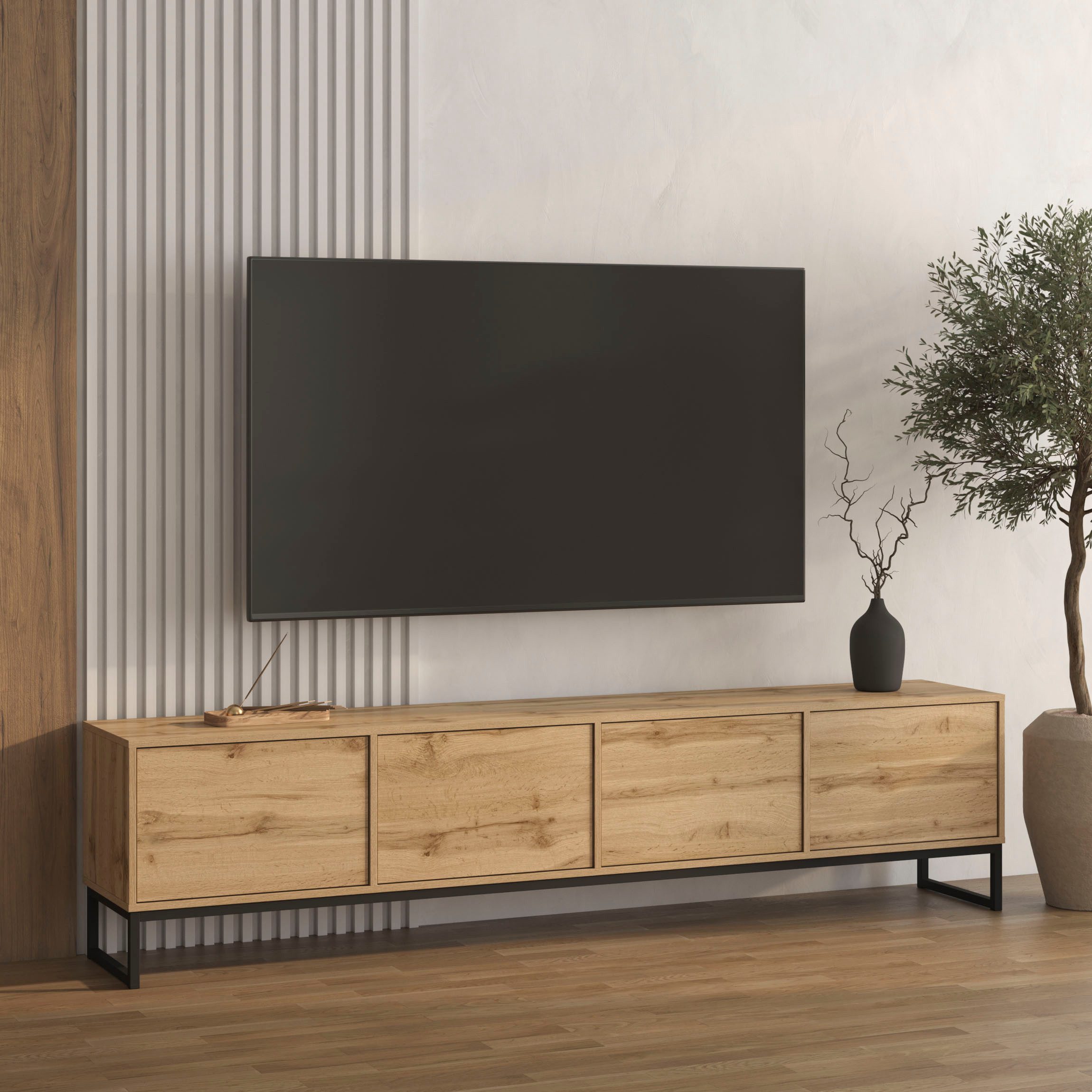 OTTO home Lowboard Loft, Breite 208,5 cm, TV-Board mit 4 Klappen, Metallkufen, TV-Kommode mit viel Stauraum, push-to-open-Funktion