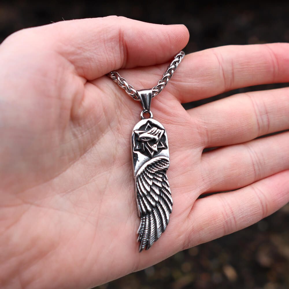DALMARO Kette mit Anhänger Lederkette Edelstahlkette 316L FLÜGEL KREUZ, Herren Halskette Biker / Wikinger Kette - Schmuckbox