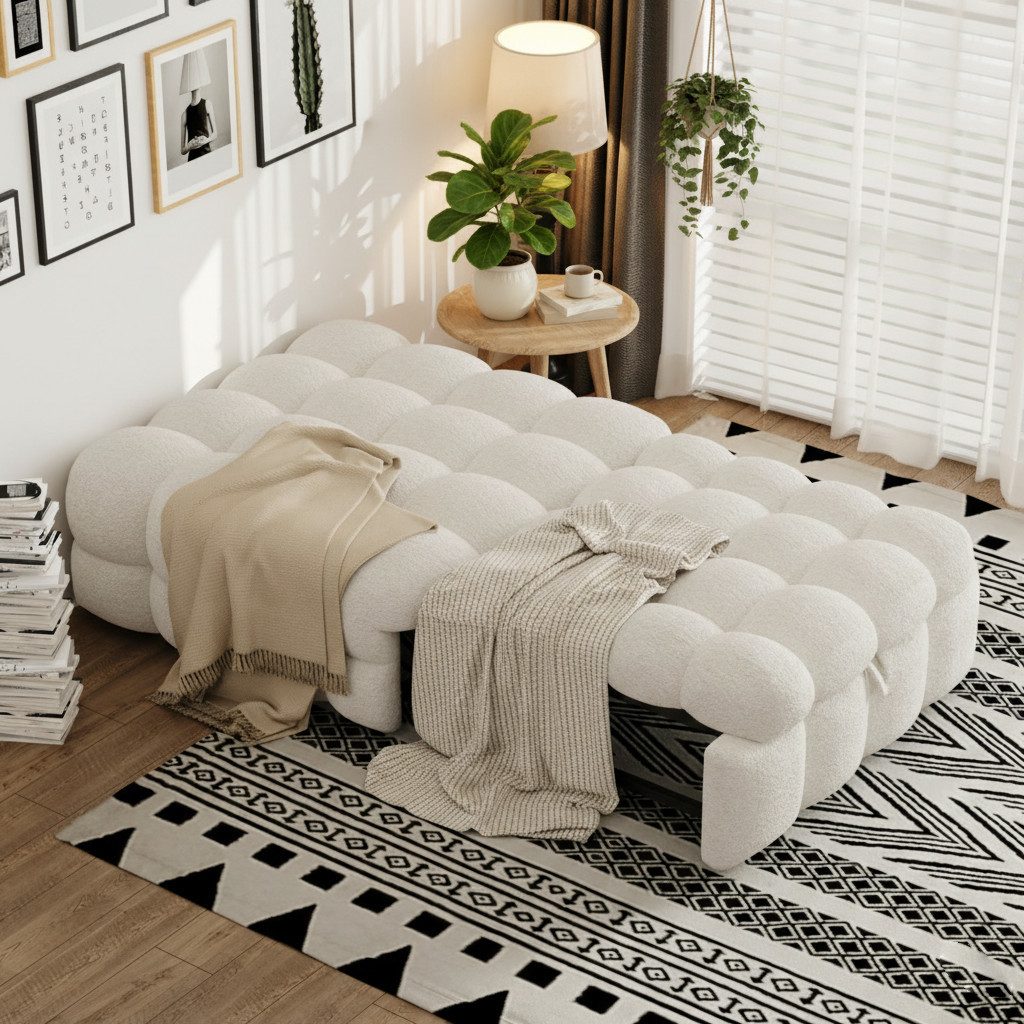 HAUSS SPOLE Schlafsofa 2-in-1-Fußhocker, Ausziehbares Schlafsofa, Teddy-Stoff, Beige