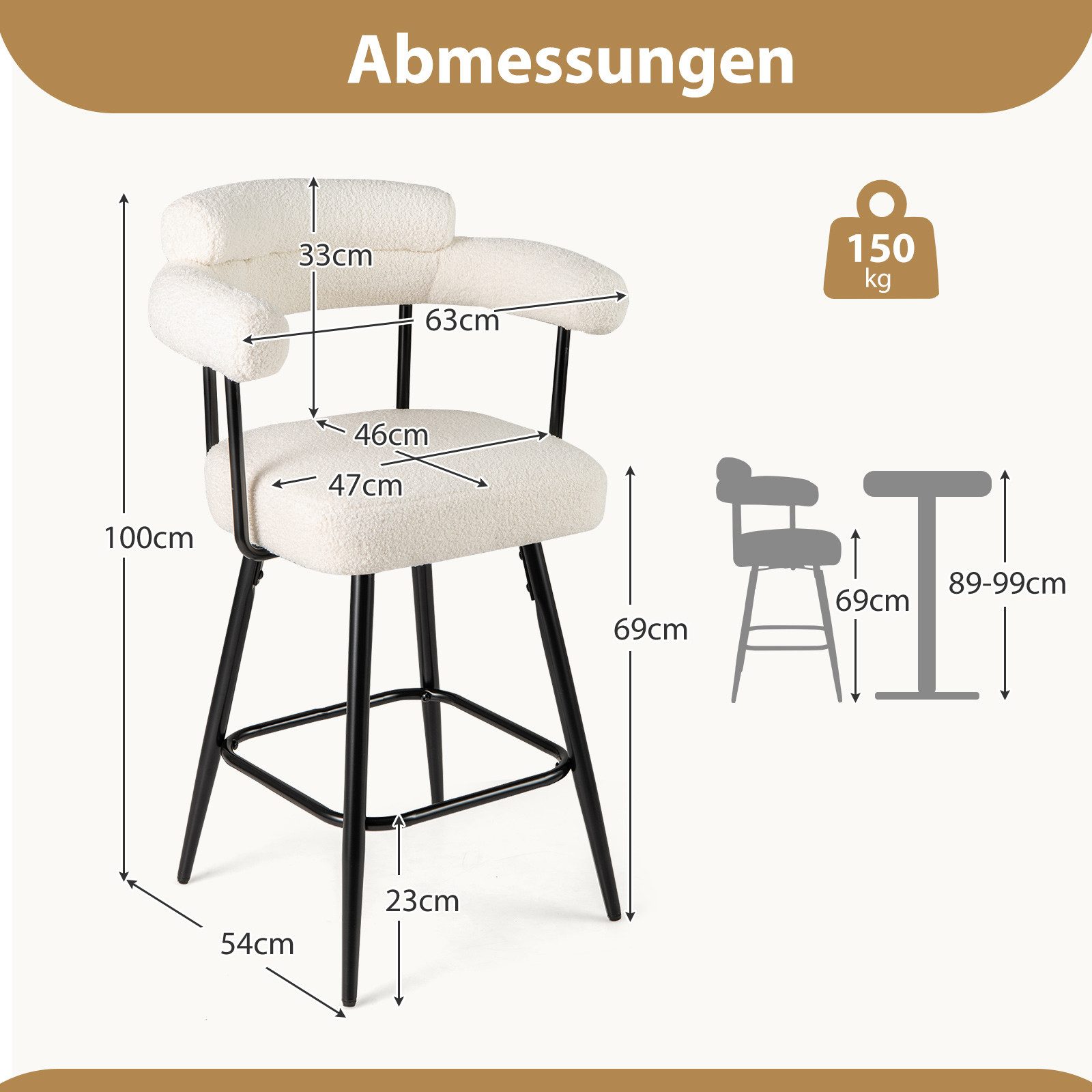 COSTWAY Barhocker (2er Set), gepolstert Barstühle mit Rücken & Fußstütze, drehbar