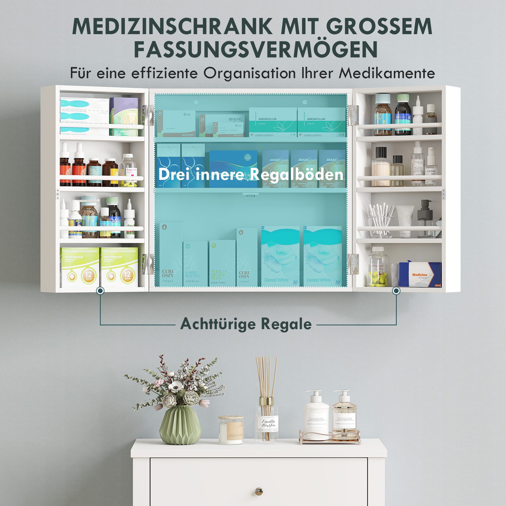 HOMCOM Medizinschrank Medizinschrank abschließbar 2-türig Medikamentenschrank (Medikamentenschrank, 1-St., Arzneischrank) für Medikamente, 53 x 20 x 53 cm, Weiß – Bild 4 von 5
