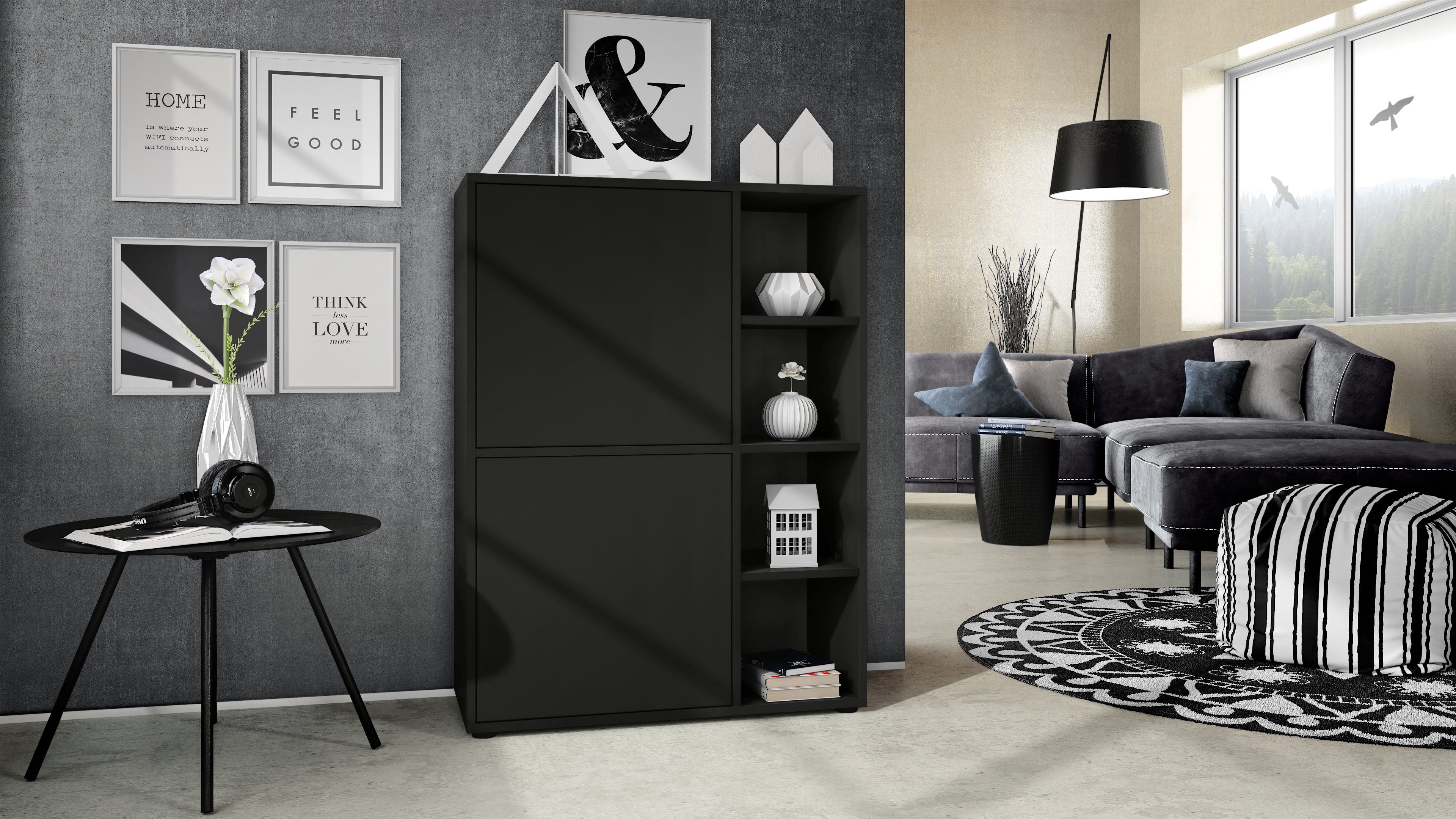 Vladon Highboard Cuba (Anrichte, mit 2 Türen und 4 offene Fächer), Schwarz matt/Schwarz matt (79 x 105,5 x 35,5 cm)