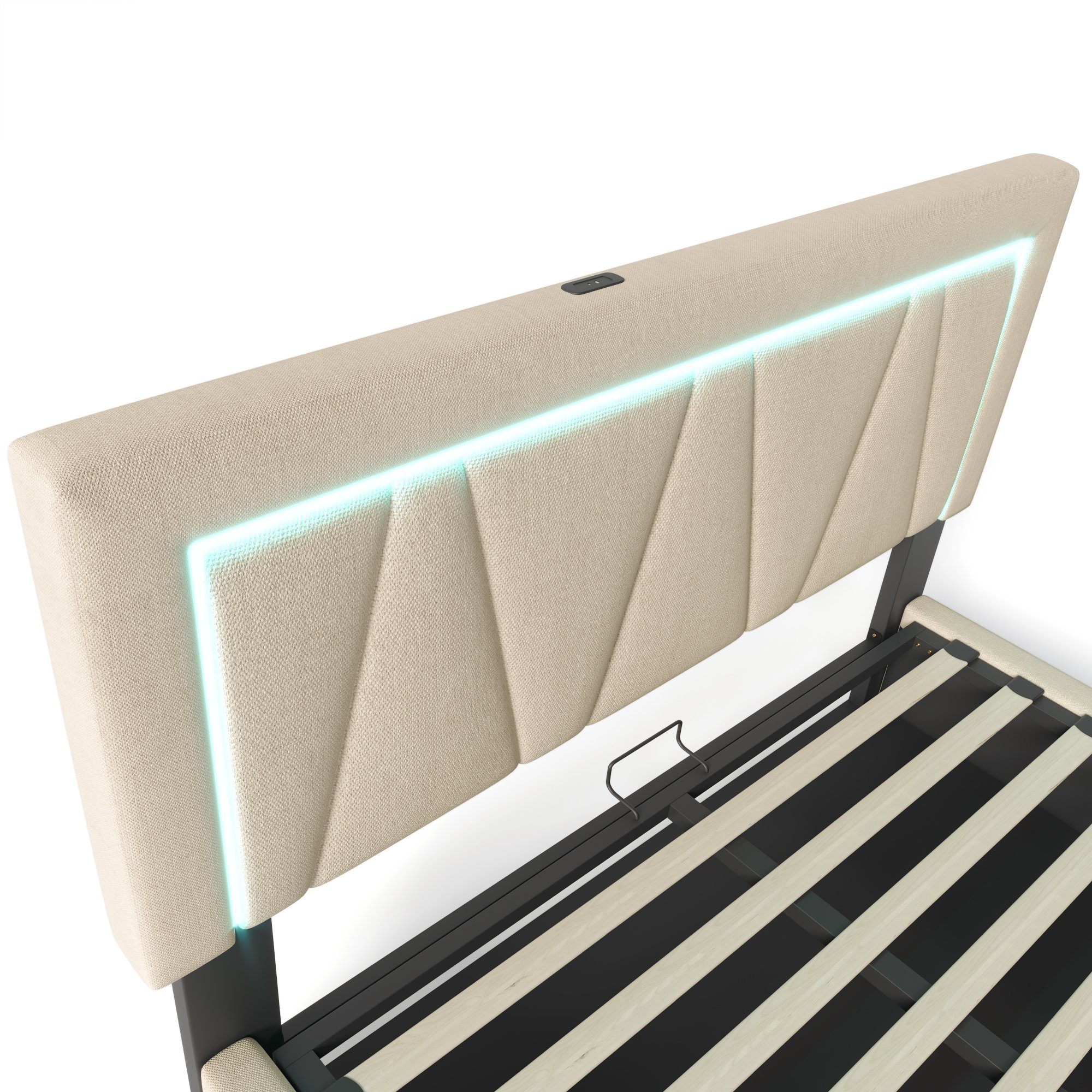Polsterbett (Stauraumbett mit Lattenrost, 160x200cm), LED Doppelbett mit USB Typ C Ladefunktion, Leinen, Ohne Matratze