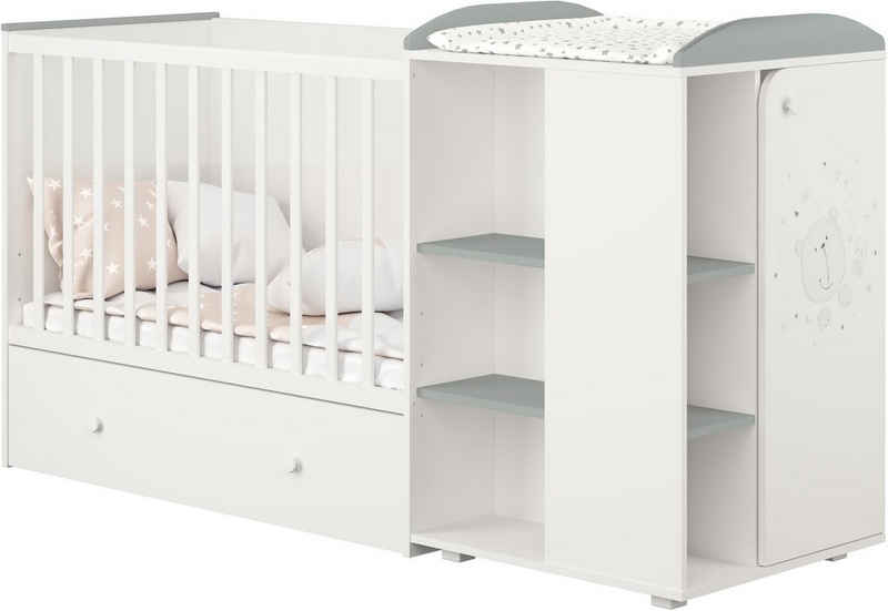 Polini kids Babybett »French 800 Teddy, weiß-eiche«, mit Bettschubkasten und Wickelstation; umbaubar zu Juniorbett und Kommode