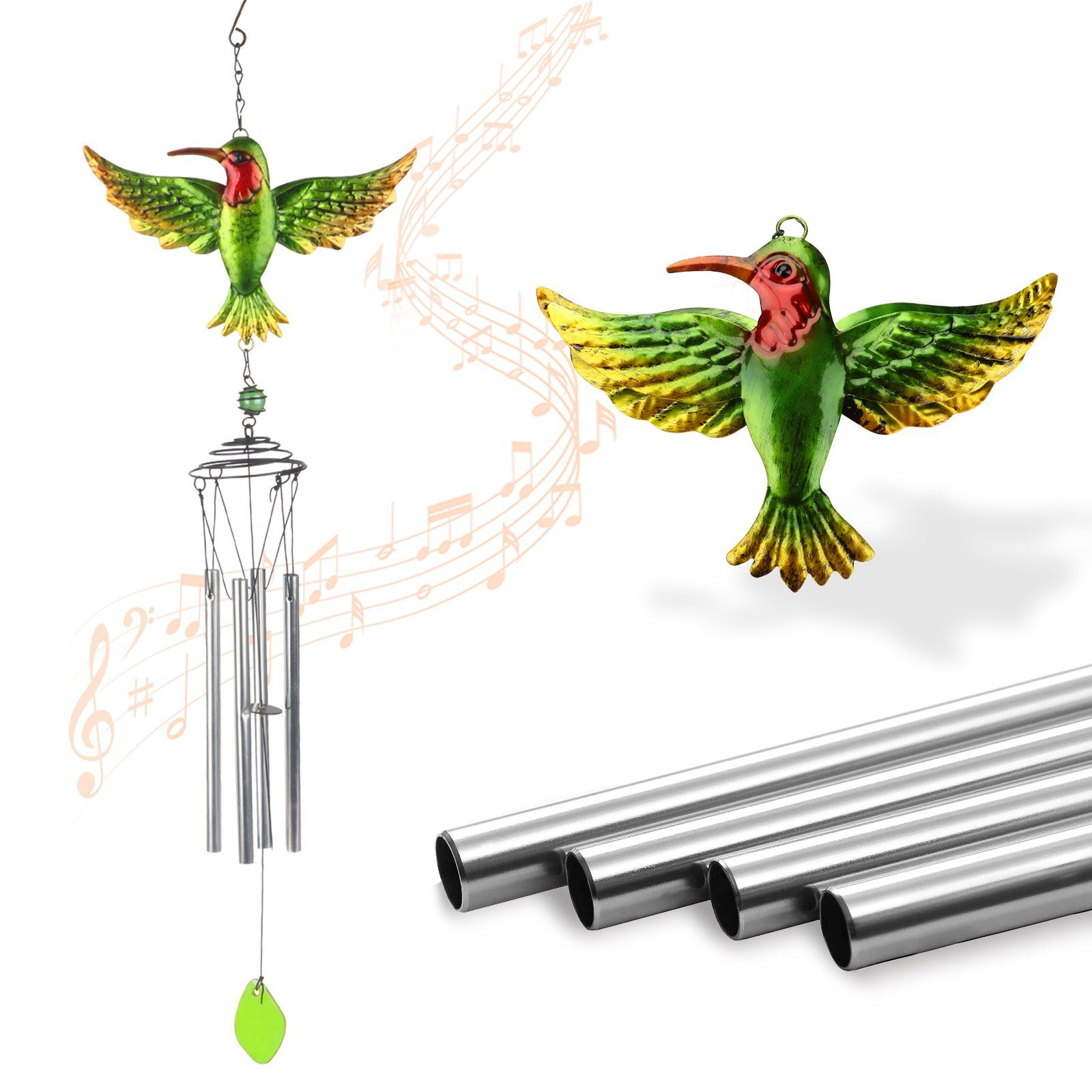 BIGTREE Windspiel Windspiel für Garten,Musikalischer Windspiel,Metall+Glas Kolibri-Windspiel