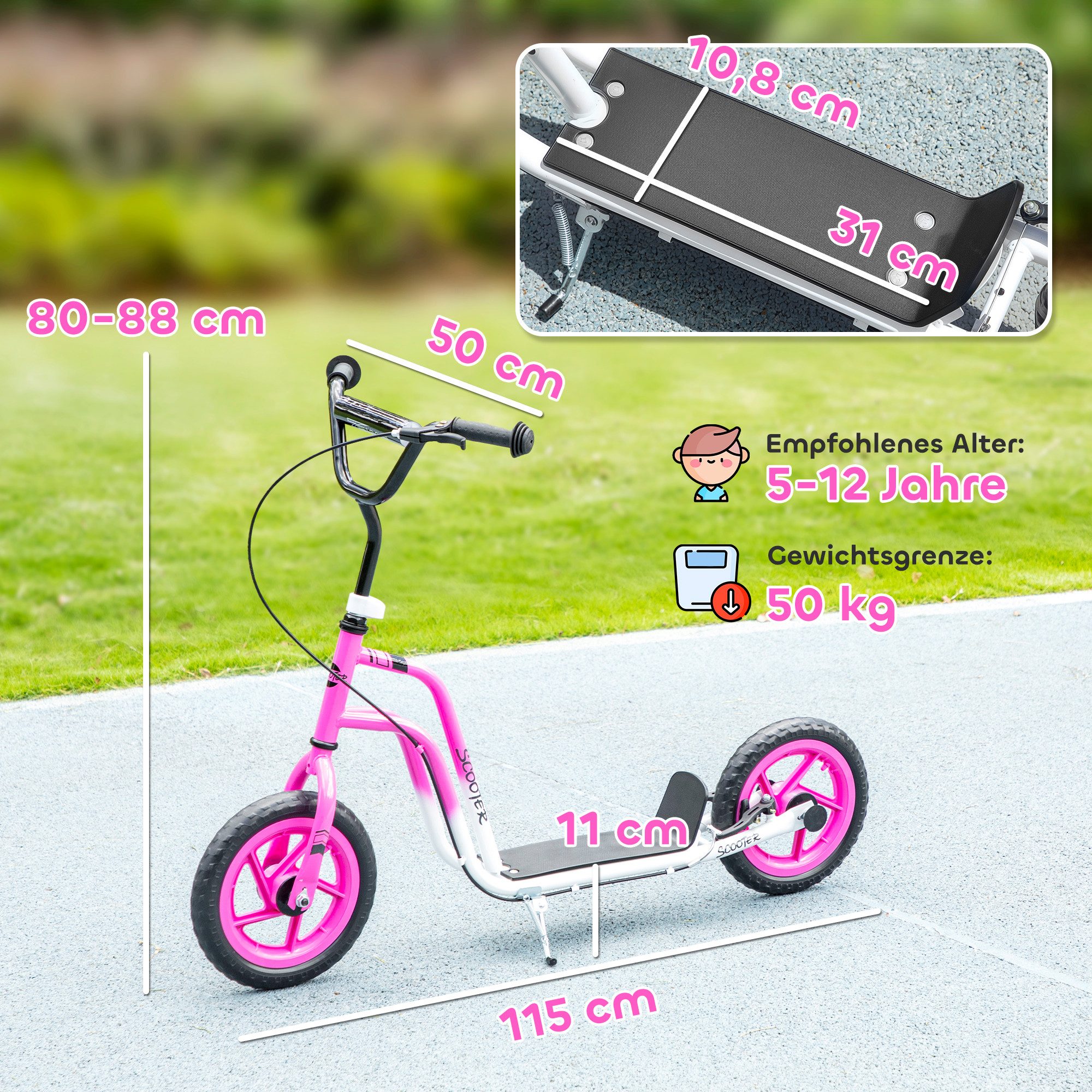 AIYAPLAY Cityroller Kinderroller Scooter mit verstellbarem Lenker und großen Rädern, (Kinderroller, 1 tlg., Tretroller), für Kinder im Alter von 5-12 Jahren, Rosa