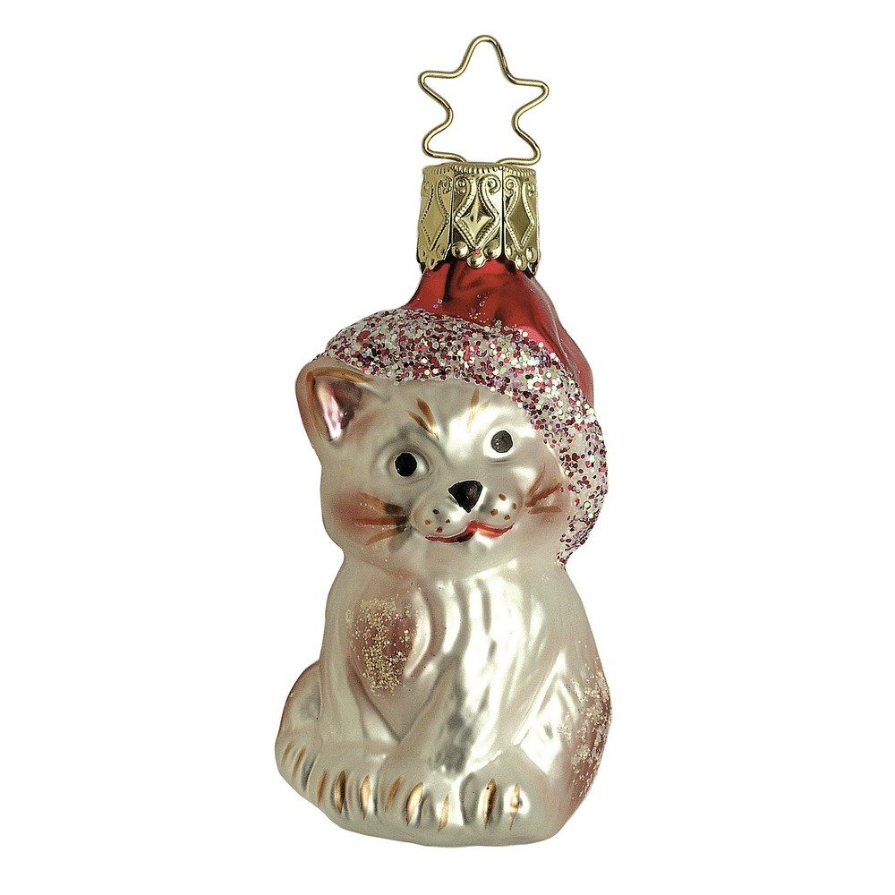 Glas 7cm mit Weihnachtsmütze Stück 1 INGE-GLAS® Christbaumschmuck Christbaumschmuck, beige, Kätzchen