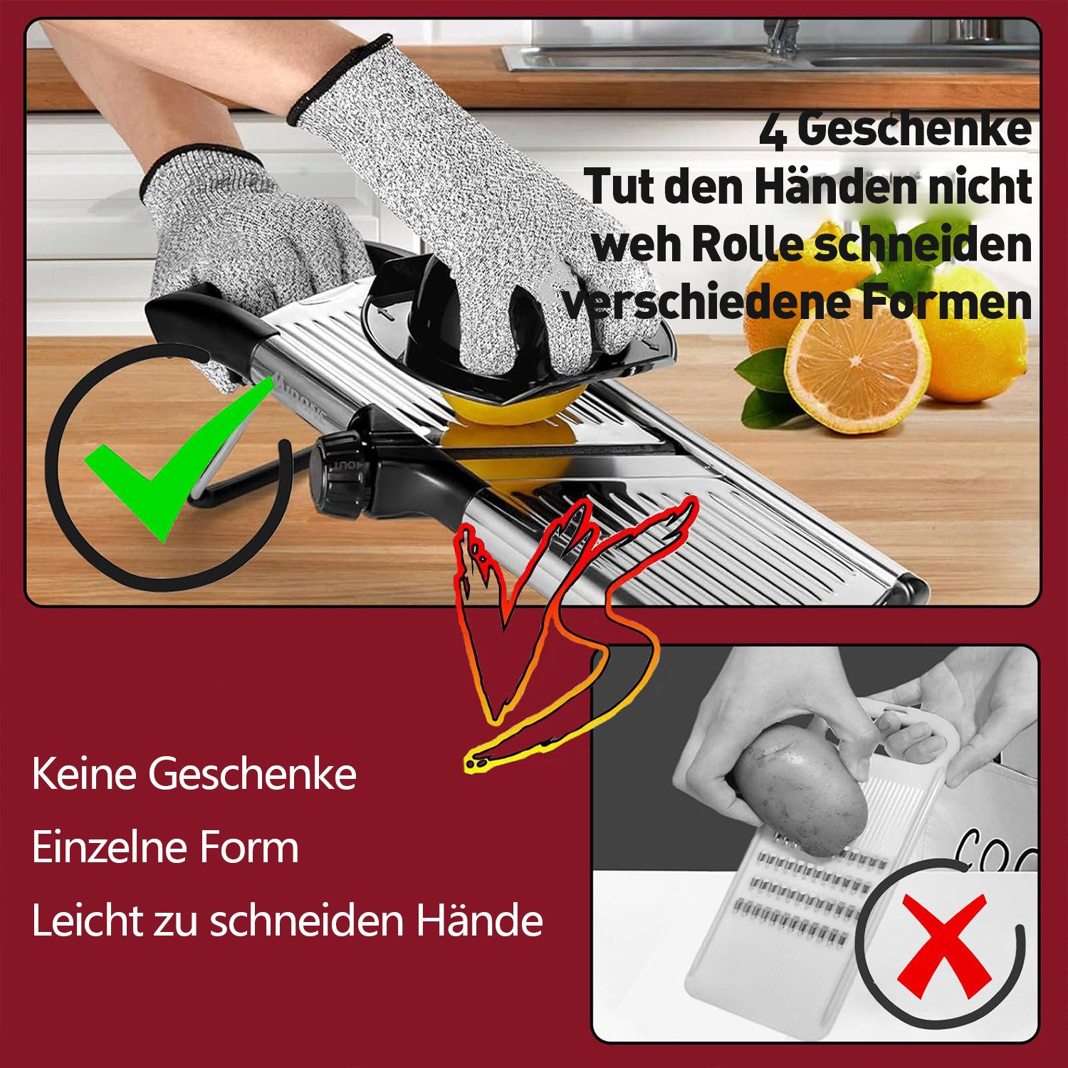 MOPUEA Gemüseschneider Mandoline Gemüsehobel Nicer Dicer mit Handschuhen multifunktional 11ST, Sicher, verstellbar 1-9mm, Edelstahl, rutschfest, leicht zu reini – Bild 2 von 5