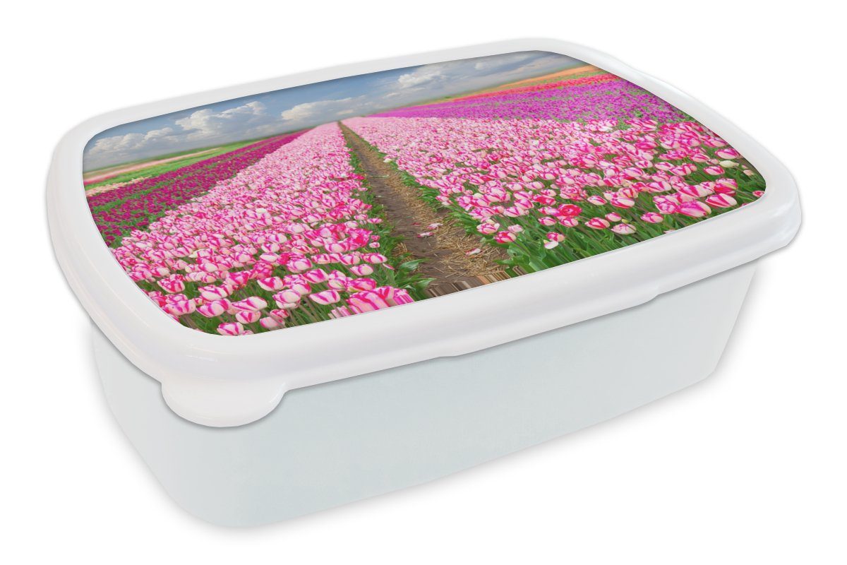 MuchoWow Lunchbox Tulpen - Sonne - Frühling, Kunststoff, (2-tlg), Brotbox für Kinder und Erwachsene, Brotdose, für Jungs und Mädchen weiß