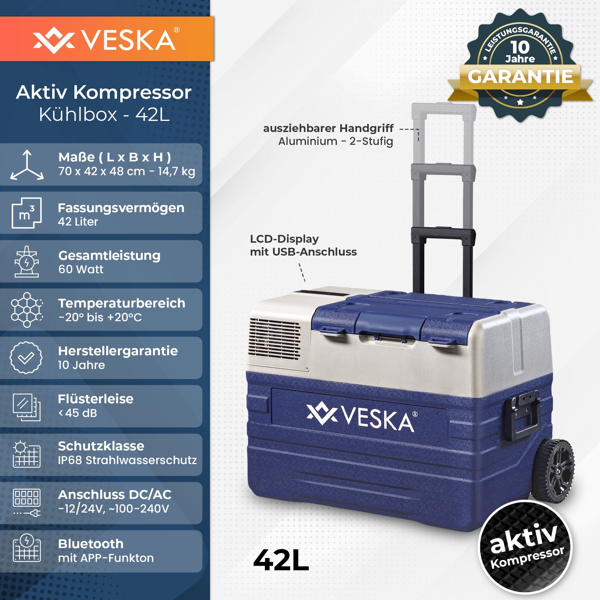 VESKA Elektrische Kühlbox Kompressor Gefriertruhe mobiler Kühlschrank, Kühltruhe, Gefrierbox, 12V/24V, 230V, für Auto, Lkw, Boot, Wohnwagen, Camping – Bild 2 von 5