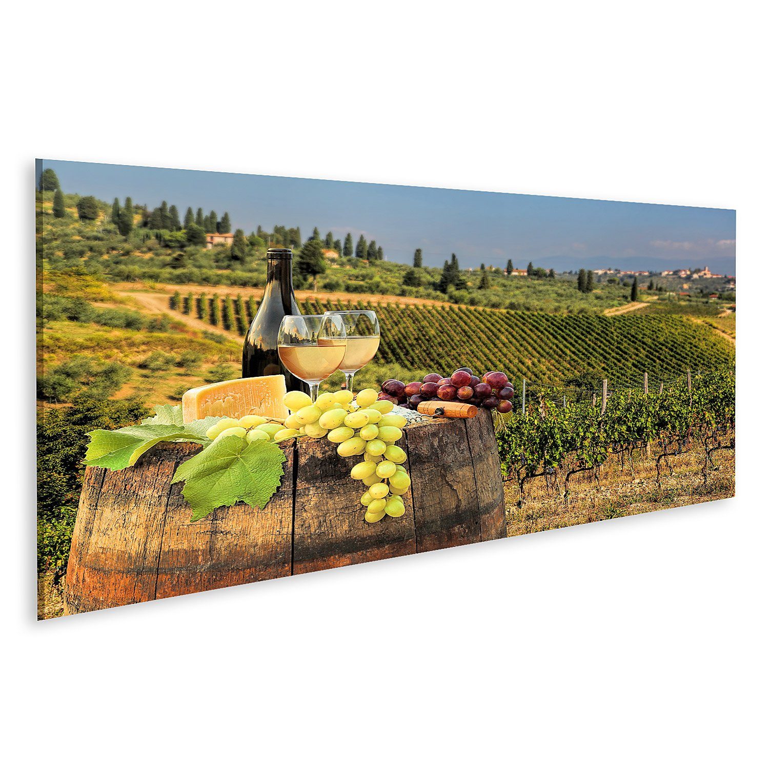 Leinwandbild Bild auf Leinwand Weißwein mit Fass auf Weinberg in Chianti Toskana It