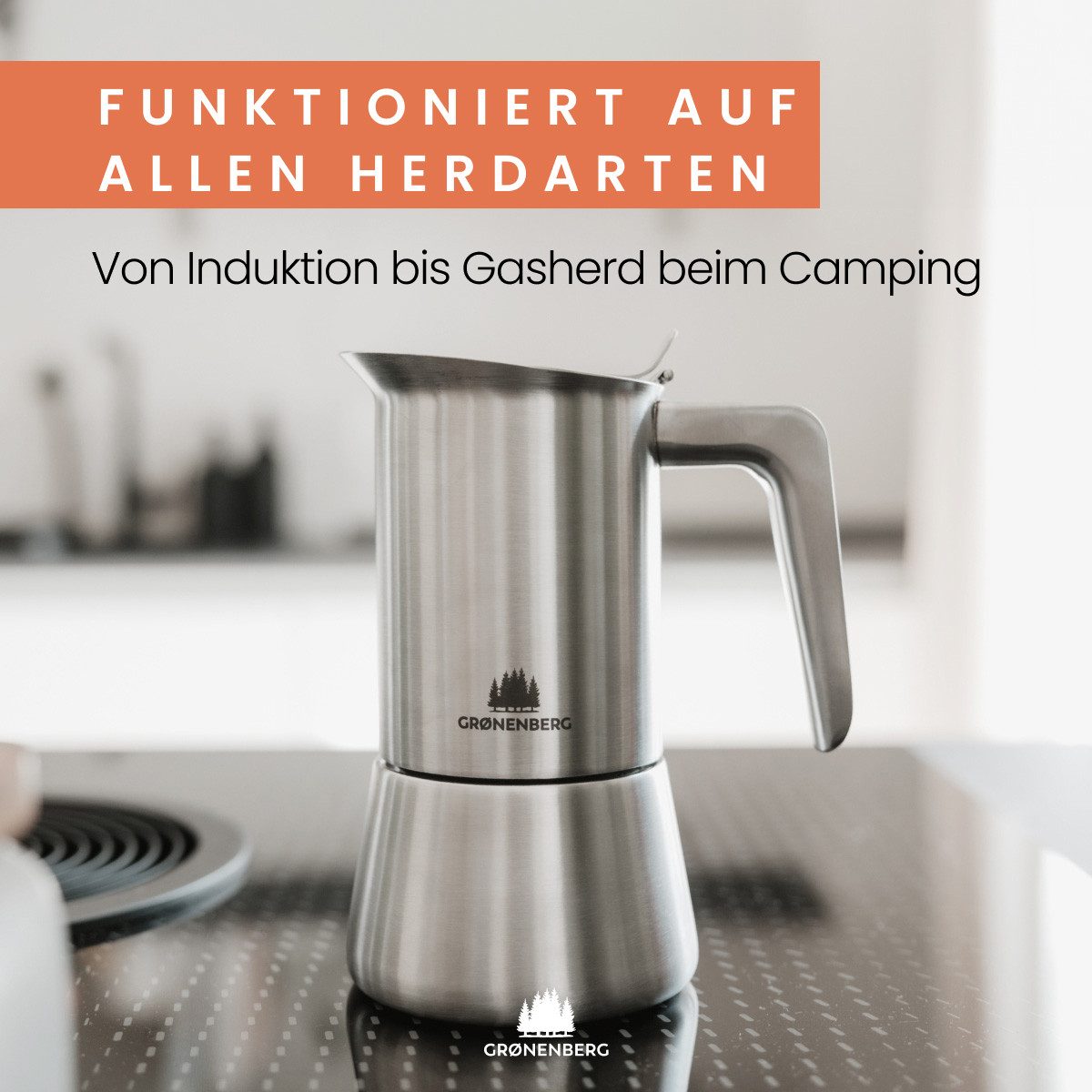 GRØNENBERG Espressokocher Edelstahl, Induktion geeignet, 4 o. 6 Tassen, 0.2l Kaffeekanne, Inkl. Ersatzdichtung & Reduziersieb, Espressokanne Aluminiumfrei & unbeschichtet