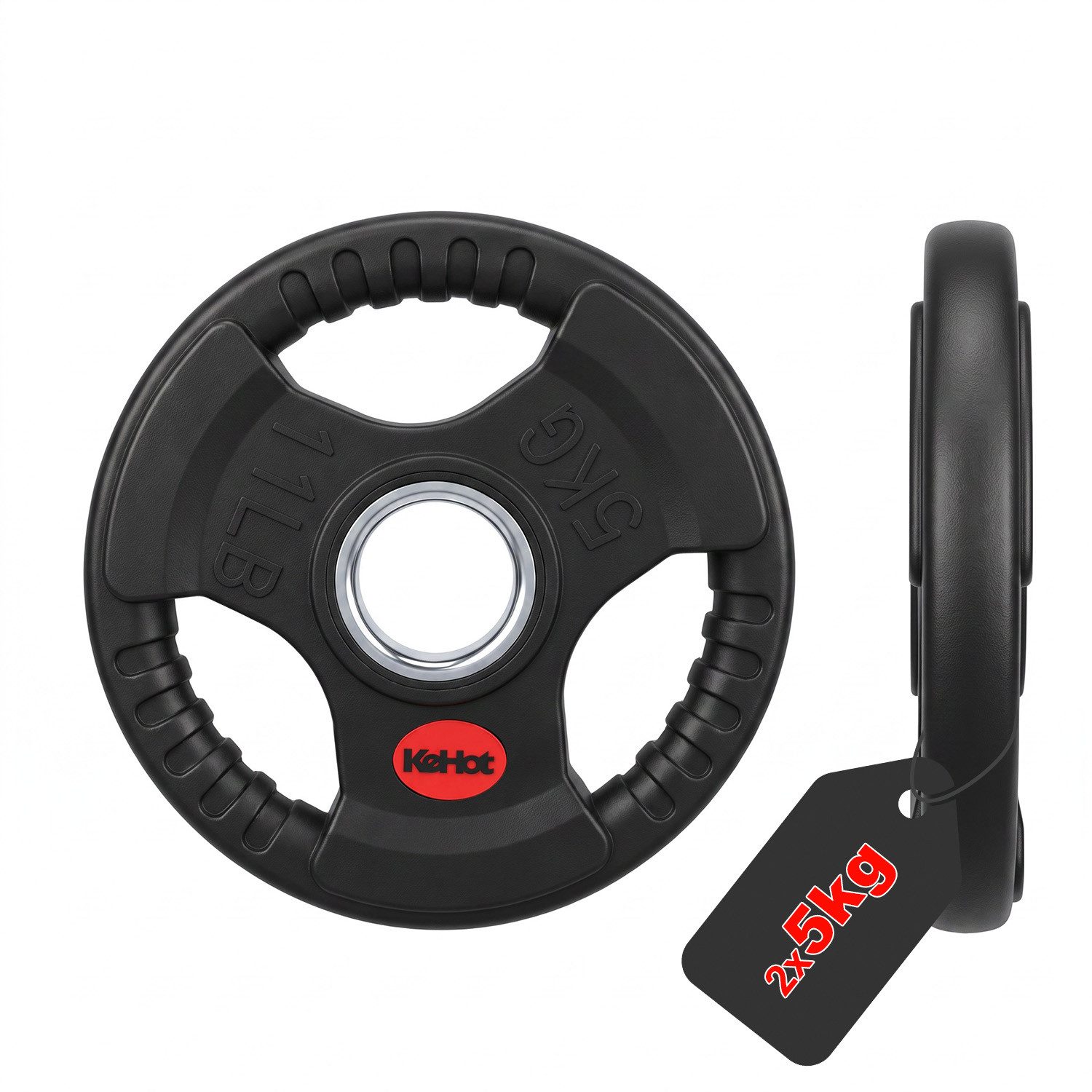 kehot Hantelscheiben Hantelscheiben 50 mm, Tri-Grip Design, Gusseisenkern, PVC-Gummierung, 10 kg, (2 x 5 kg Gewichtsscheiben für Langhanteltraining, 2-tlg., Für Grundübungen und progressive Gewichtssteigerung), Ergonomische Griffe für leichtes Wechseln &