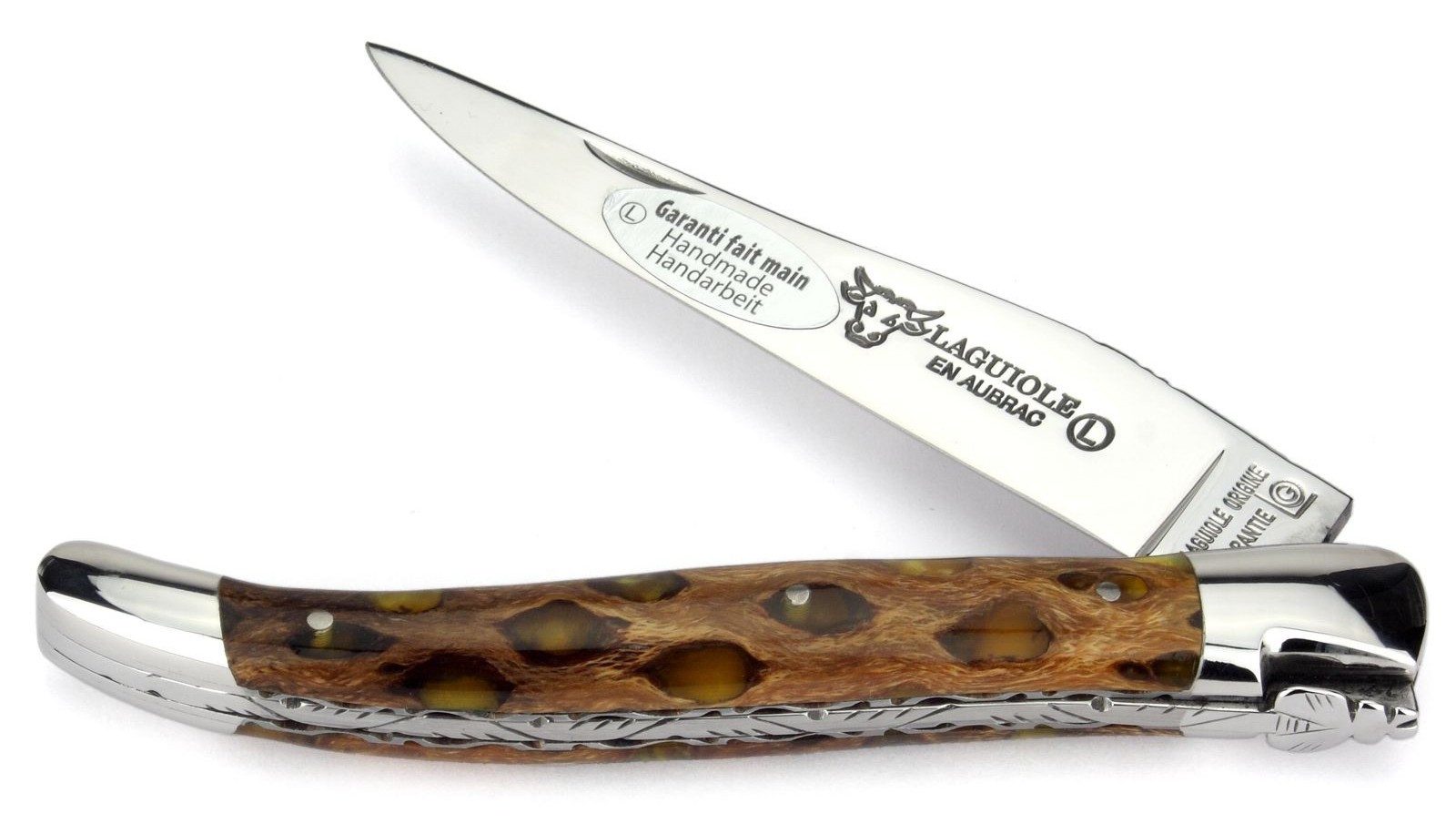 Laguiole en Aubrac Taschenmesser L0212CA1H/FSJ1, Griff 12cm Cholla Kaktus - Feder und Platine verziert - Stahl glänzend
