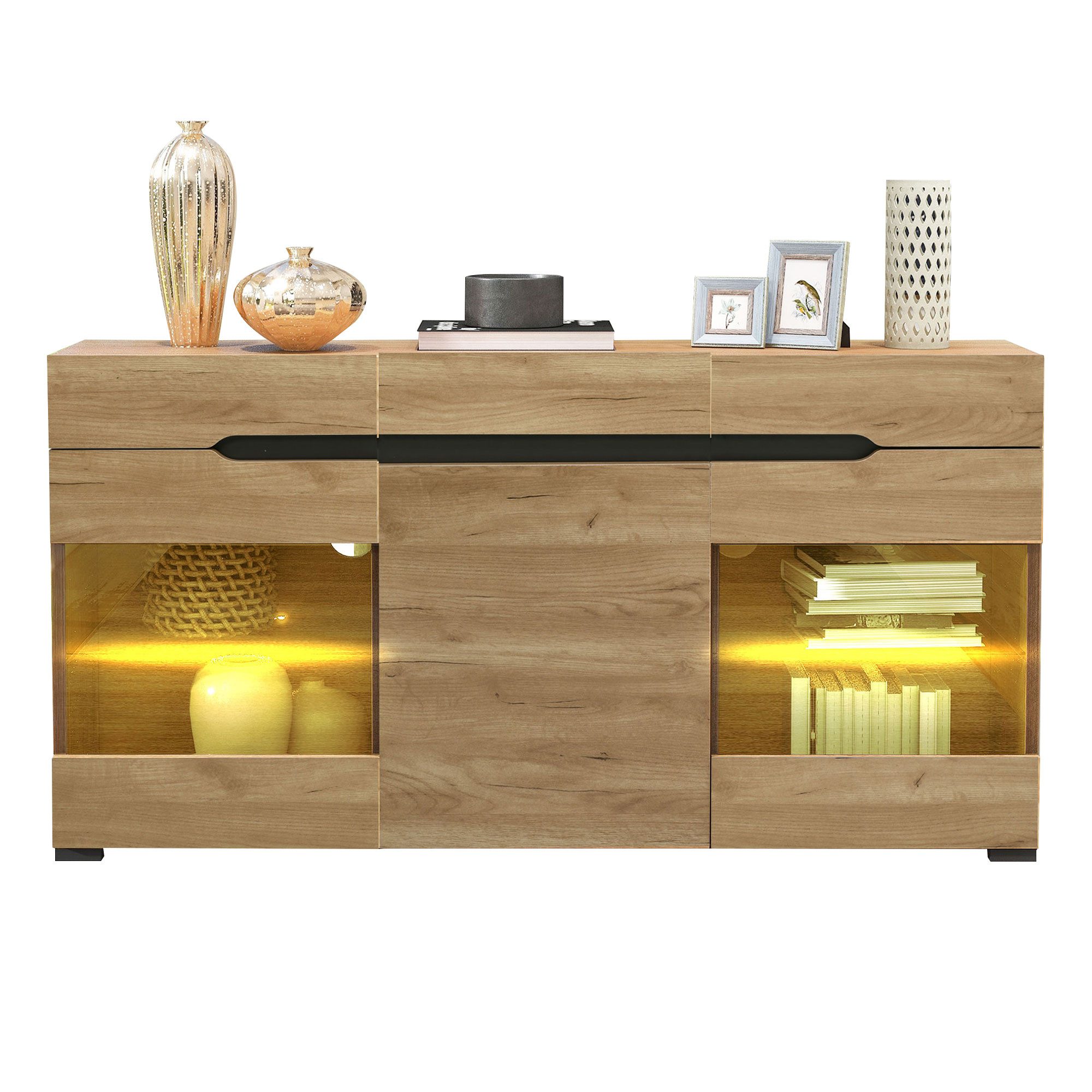 Merax Sideboard Wildeiche Farbe mit LED, Anrichte mit Glasablage, Kommde mi günstig online kaufen
