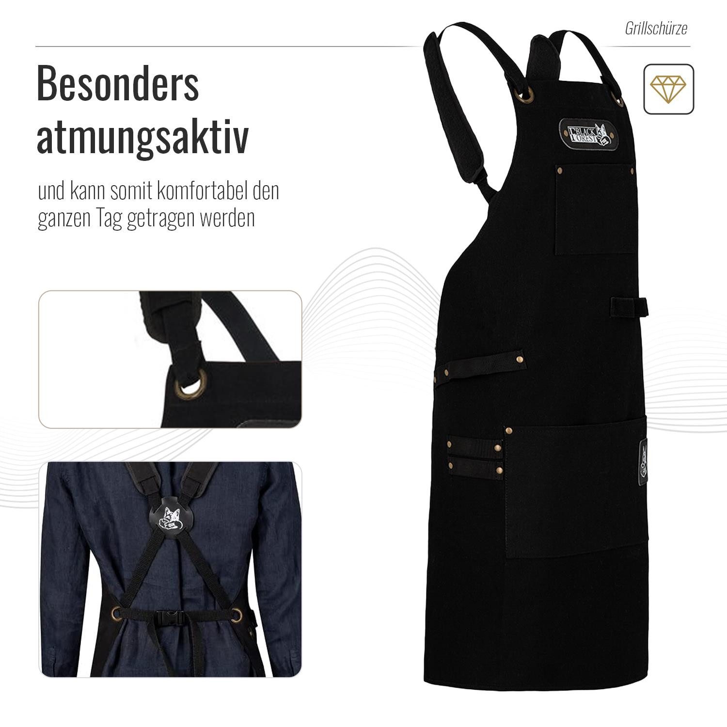 BLACK FOREST FOX Grillschürze Canvas Arbeitsschürze, Grillschürze BBQ Kochschürze Art & Comfort in, COMFORT Schwarz