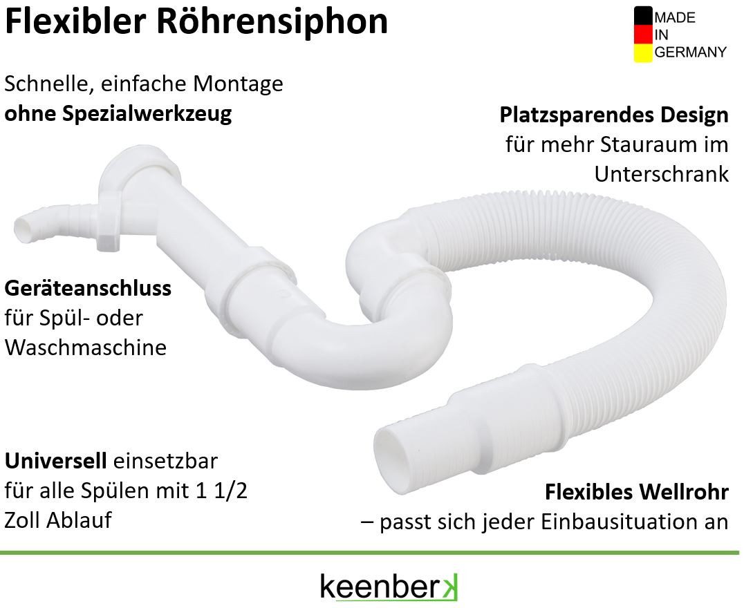 keenberk Siphon flexibel Küche mit Geräteanschluss 1 1/2 Zoll mit 40 / 50 mm Anschluss