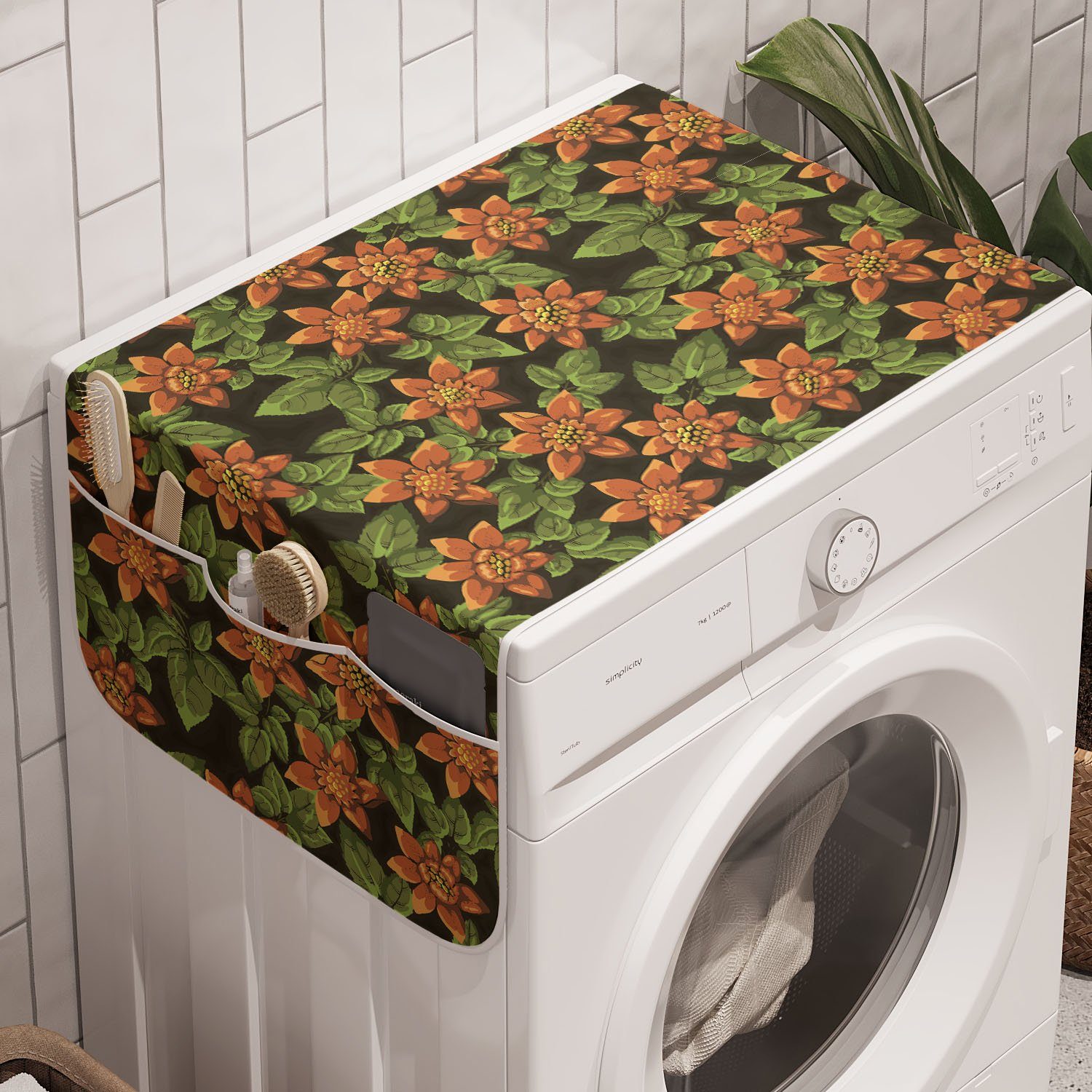 Abakuhaus Badorganizer Anti-Rutsch-Stoffabdeckung für Waschmaschine und Trockner, Burnt orange Blumenblatt-Blatt Malerei