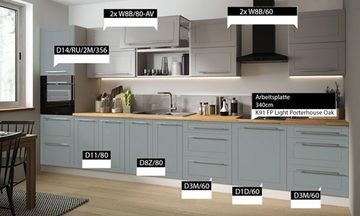 Feldmann-Wohnen Küchenzeile Kvantum, 400cm grau matt/dust grey matt+ mint matt 11-tlg inkl. Arbeitsplatte