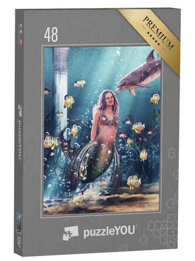 puzzleYOU Puzzle Digitale Kunst: Meerjungfrau mit ihrem Delfin, 48 Puzzleteile, puzzleYOU-Kollektionen 48 Teile, Meerjungfrau