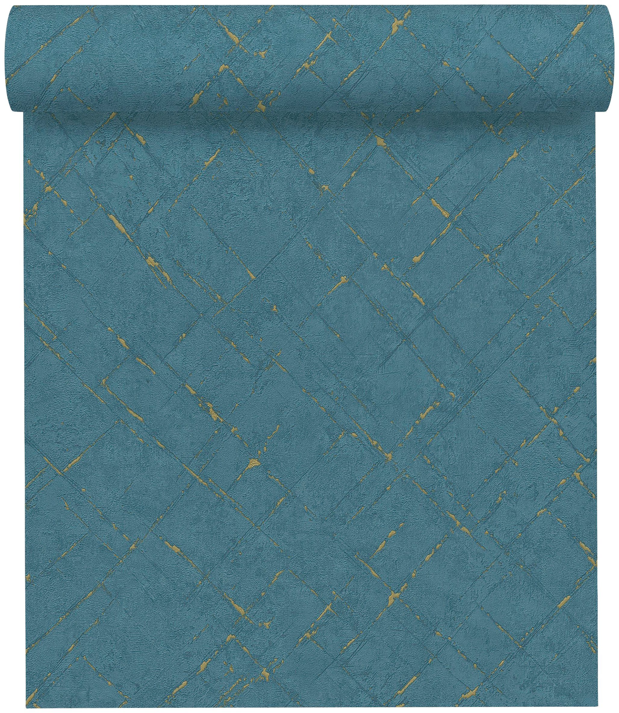 Création Vliestapete blau/gold Steinoptik Grafisch Farbeinsatz, unifarben strukturiert, mit Emotion Graphic, Tapete A.S.