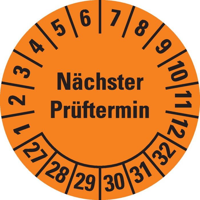 Dreifke Hinweisschild Dreifke® Prüfplakette Nächster Prüftermin 27-32 orange Dokumentenfolie Ø 20mm 36 St/Bogen