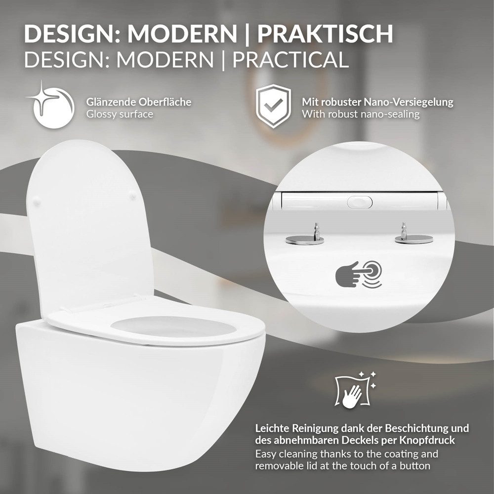 LuxeBath Tiefspül-WC Spülrandloses Hänge WC Keramik mit WC-Sitz abnehmbar Softclose, Toilette Weiß mit Nano Beschichtung lang Tiefspüler Lotus Effekt
