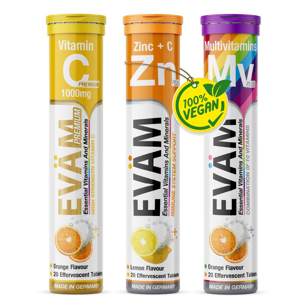 EVÄM 3er Set Vitamin C 1000, Zink + Vitamin C, Multivitamin Brausetabletten, 1 er Set aus Röhrchen à 60 St., 246 g 12000 ml