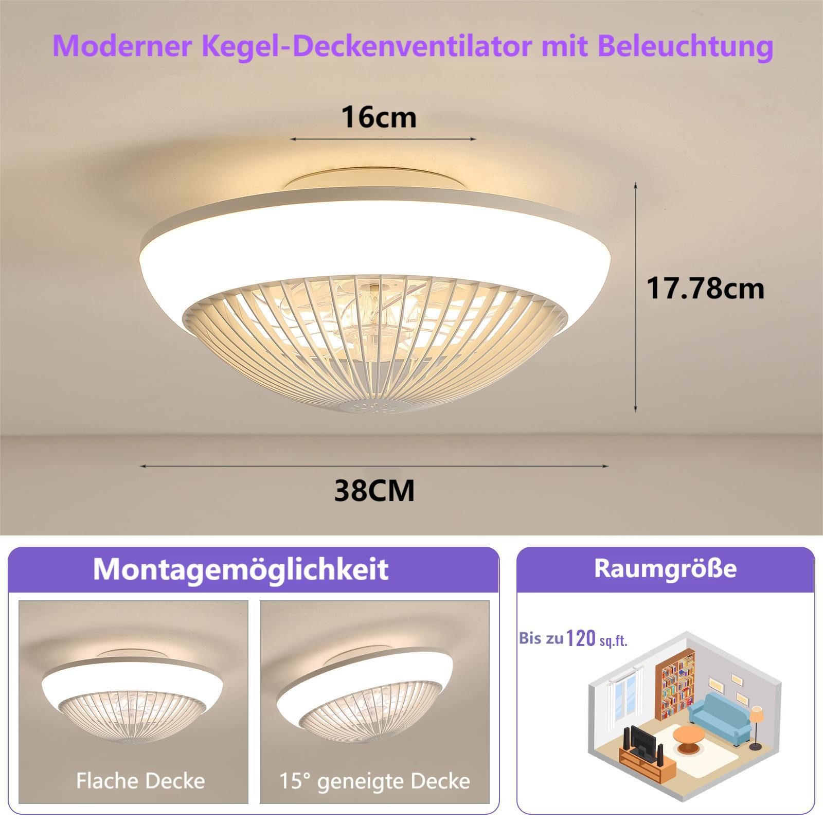 Sofucor Deckenventilator RGB‑Licht, 38 cm Durchmesser, Gleichstrommotor, 7 ABS‑Flügeln & 1/2/4‑Stunden‑Timer