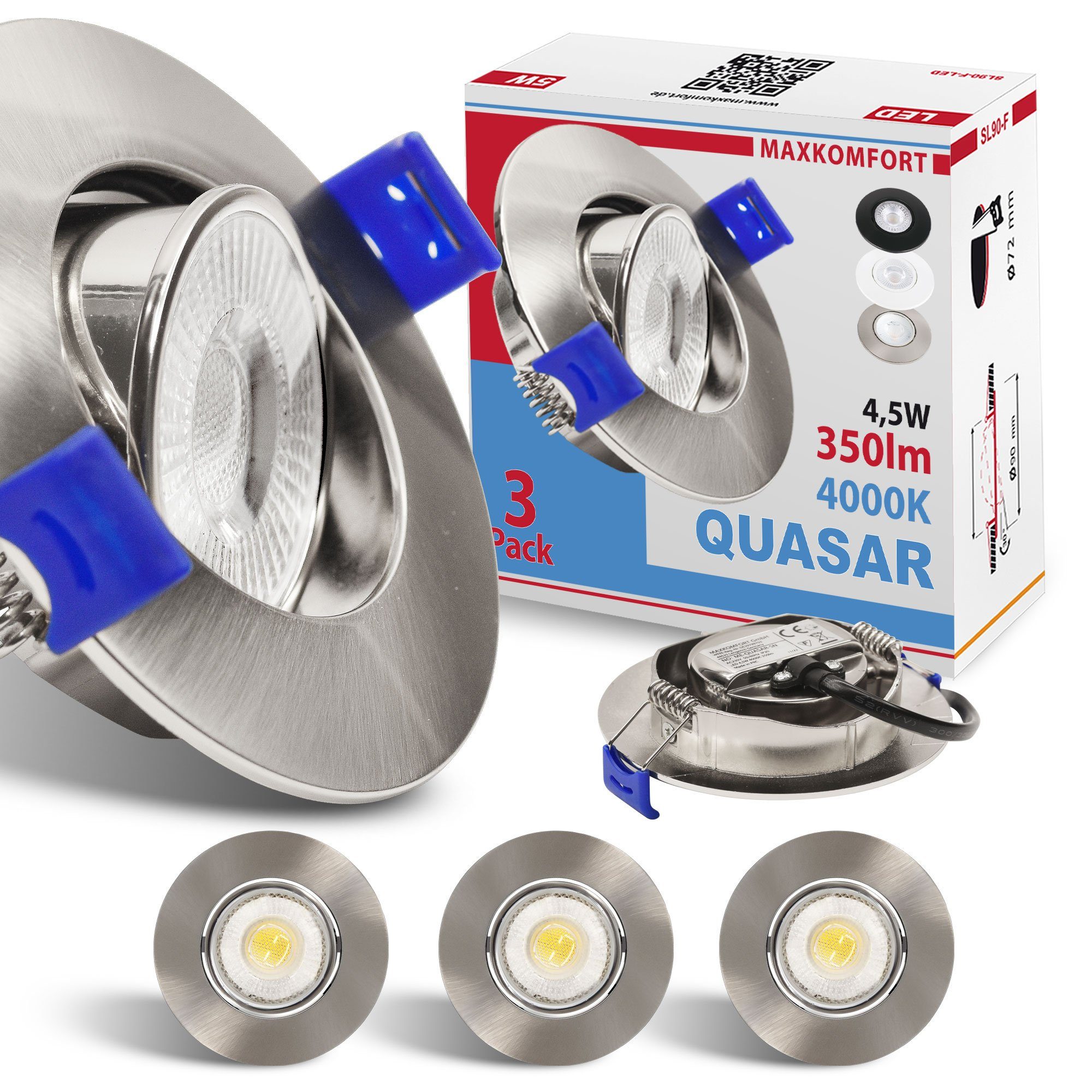 Maxkomfort LED Einbaustrahler 3/6/12er Set - schwenkbar & Ultraflach, Neutralweiß 4000K, LED fest integriert, Deckenspots Schwarz/Weiß/Silber - Einbauspots IP20 Ø90mm