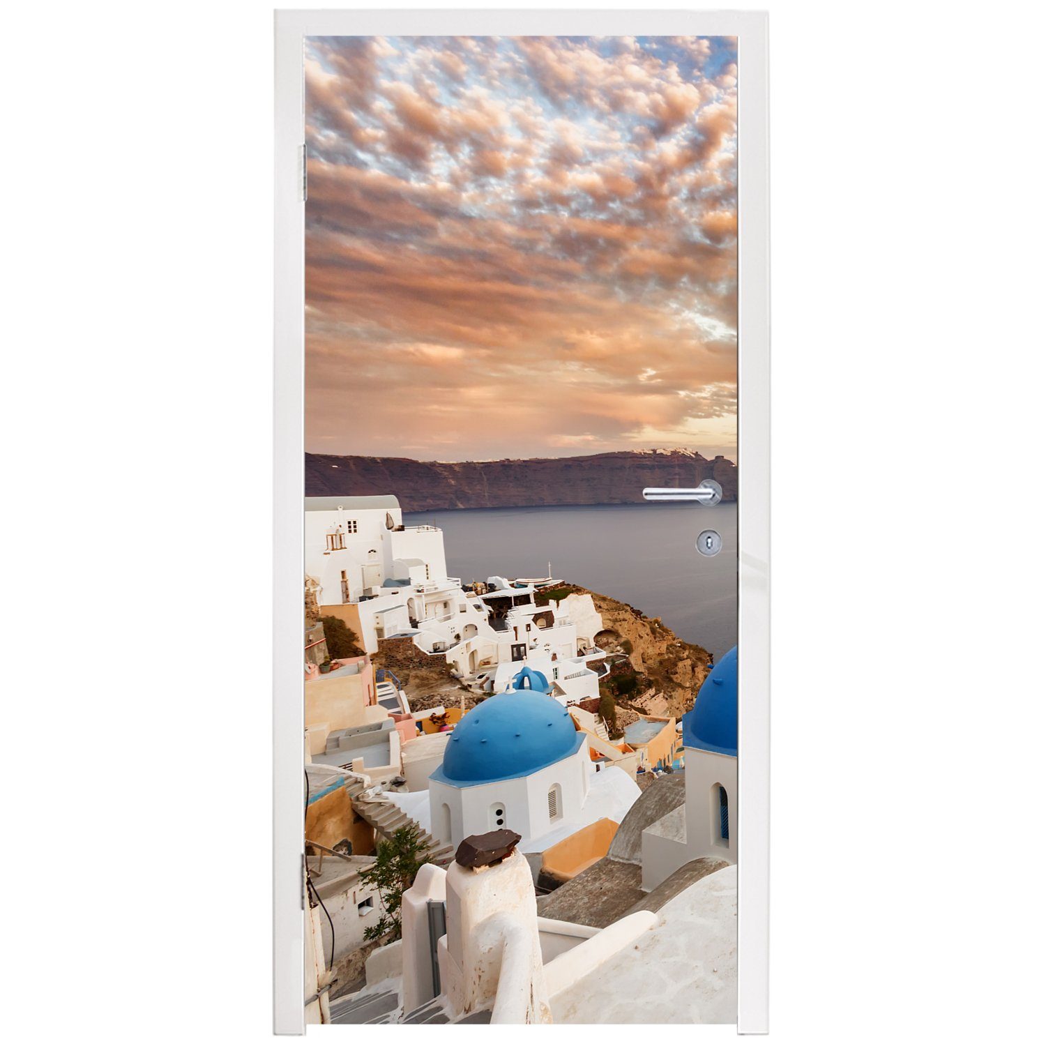 (1 MuchoWow dem Fototapete Griechenland, Türtapete Türaufkleber, Wasser 75x205 Matt, cm Oia Tür, über St), in für Sonnenaufgang bedruckt,