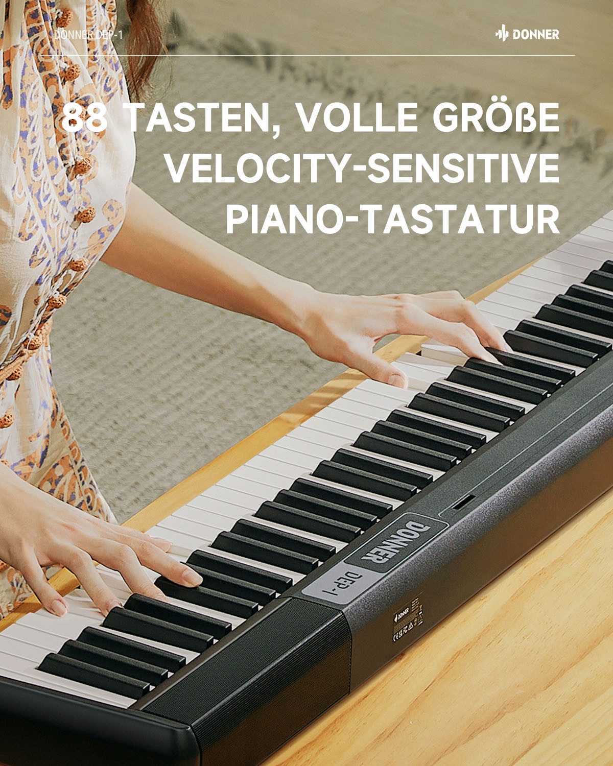 Donner Home-Keyboard Klavier 88 Tasten Elektro piano Einsteiger Tragbares E-Piano DEP-1 (Set, mit Ständer, Sustain-Pedal, Transporttasche und Keyboard-Aufklebern), Einsteiger Digital Keyboard Klavier mit velocity-sensitive Tasten