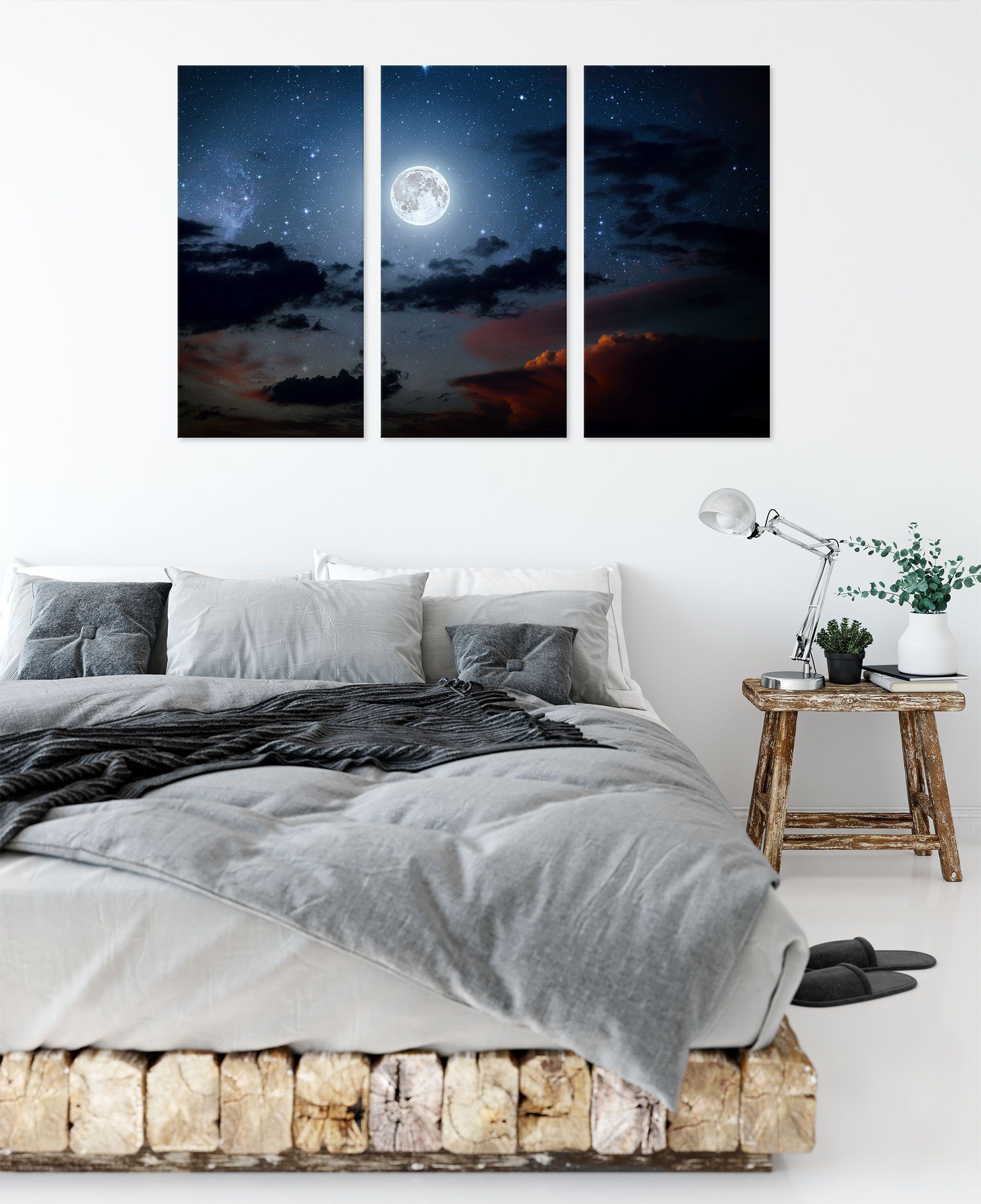 Leuchtender Mond Pixxprint inkl. St), Leuchtender (1 Leinwandbild Nachthimmel, am Zackenaufhänger Nachthimmel Mond am 3Teiler fertig bespannt, (120x80cm) Leinwandbild