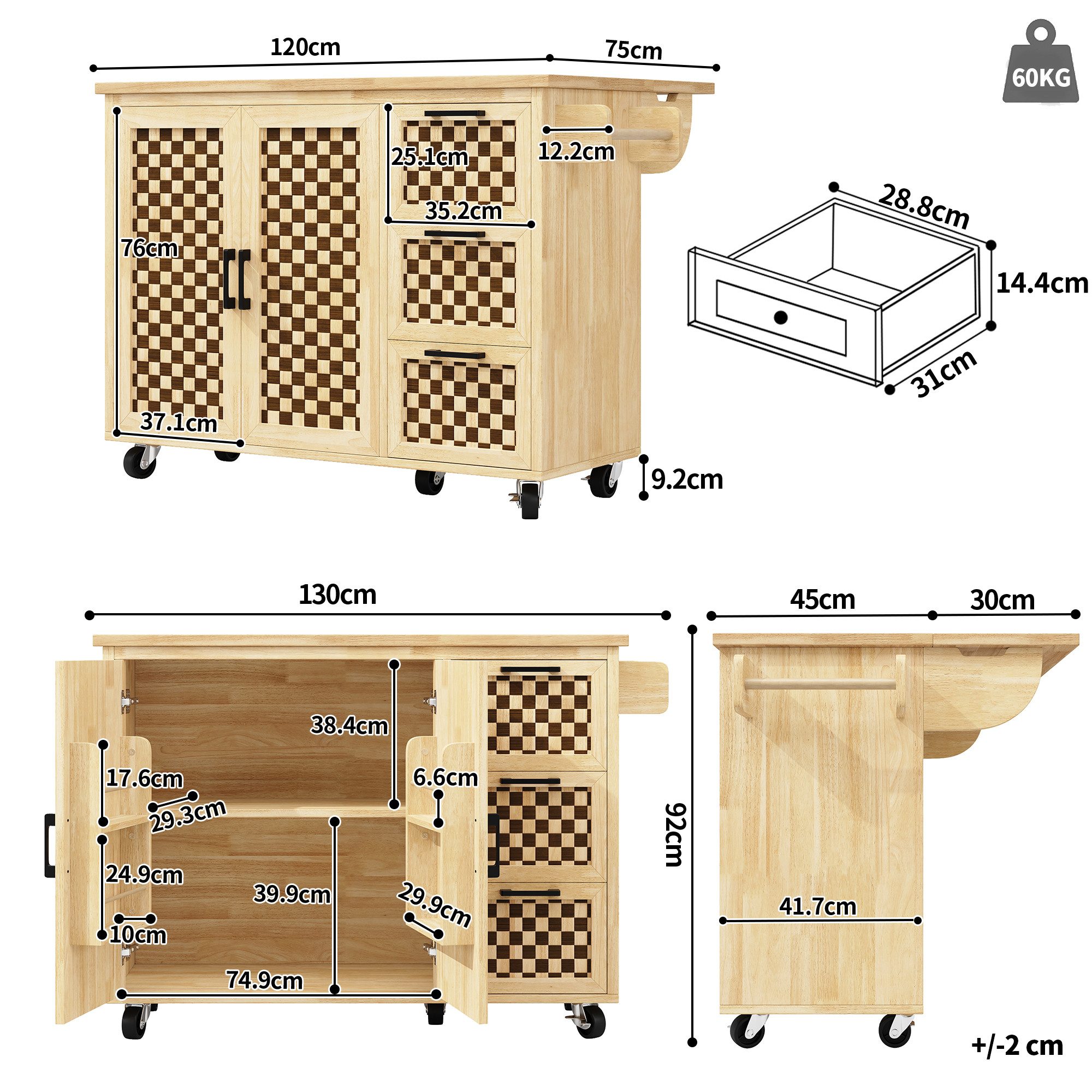STILVORA Küchenwagen mit Türablage,ausziehbarer Küchenschrank Buffetschrank mit Schubladen, (Kücheninsel– Ausziehbarer Küchenwagen mit Rollen, Holzmaserung, 1 St., Aufgeklappt:120x75x92cm zusammengeklappt:120x45x92cm)