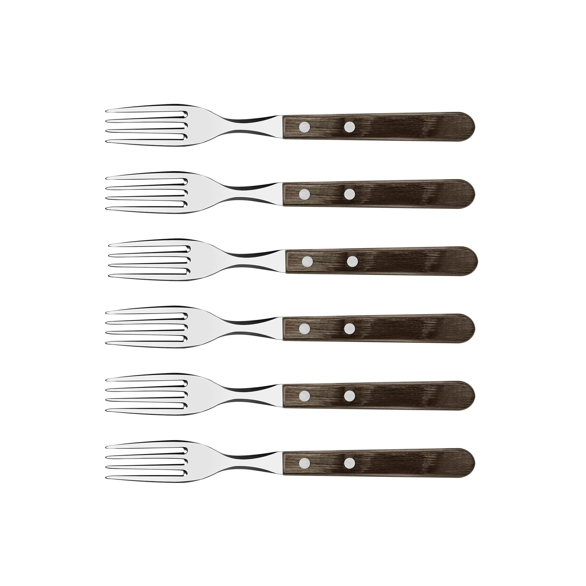 Tramontina Tafelgabel Steakgabel GAUCHO 6er Set – mit Holzgriff (6 Stück), rostfreier Edelstahl, spülmaschinenfest, Holzgriffe FSC-zertifiziert