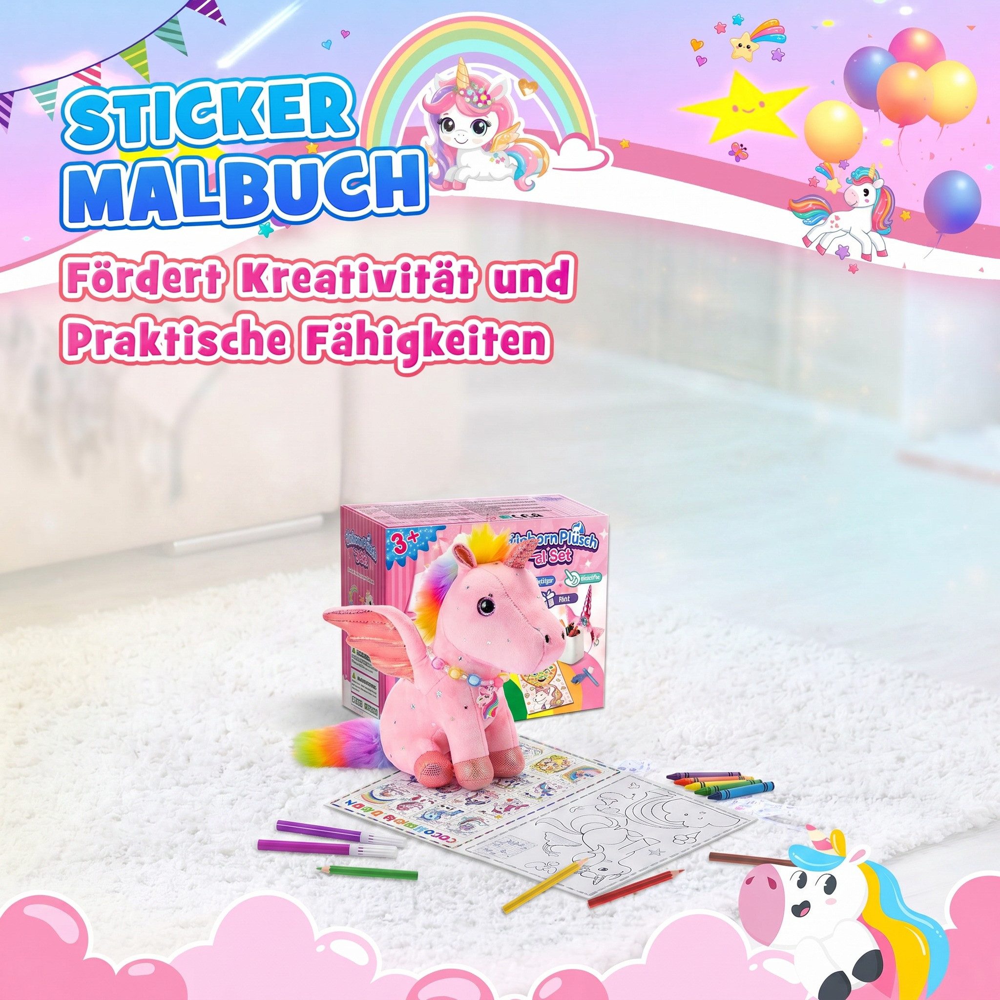 Wootoy Kuscheltier Einhorn Plüschtier Geschenkset für Mädchen 21-teiliges Kreativset (mit Malbuch Schmuck Haaraccessoires und Plüschtier, 1-St., vielseitige Kombination aus Spielzeug Bastelspaß und Schmuck), Attraktive Geschenkbox ideal für kleine Einhorn-Liebhaberinnen