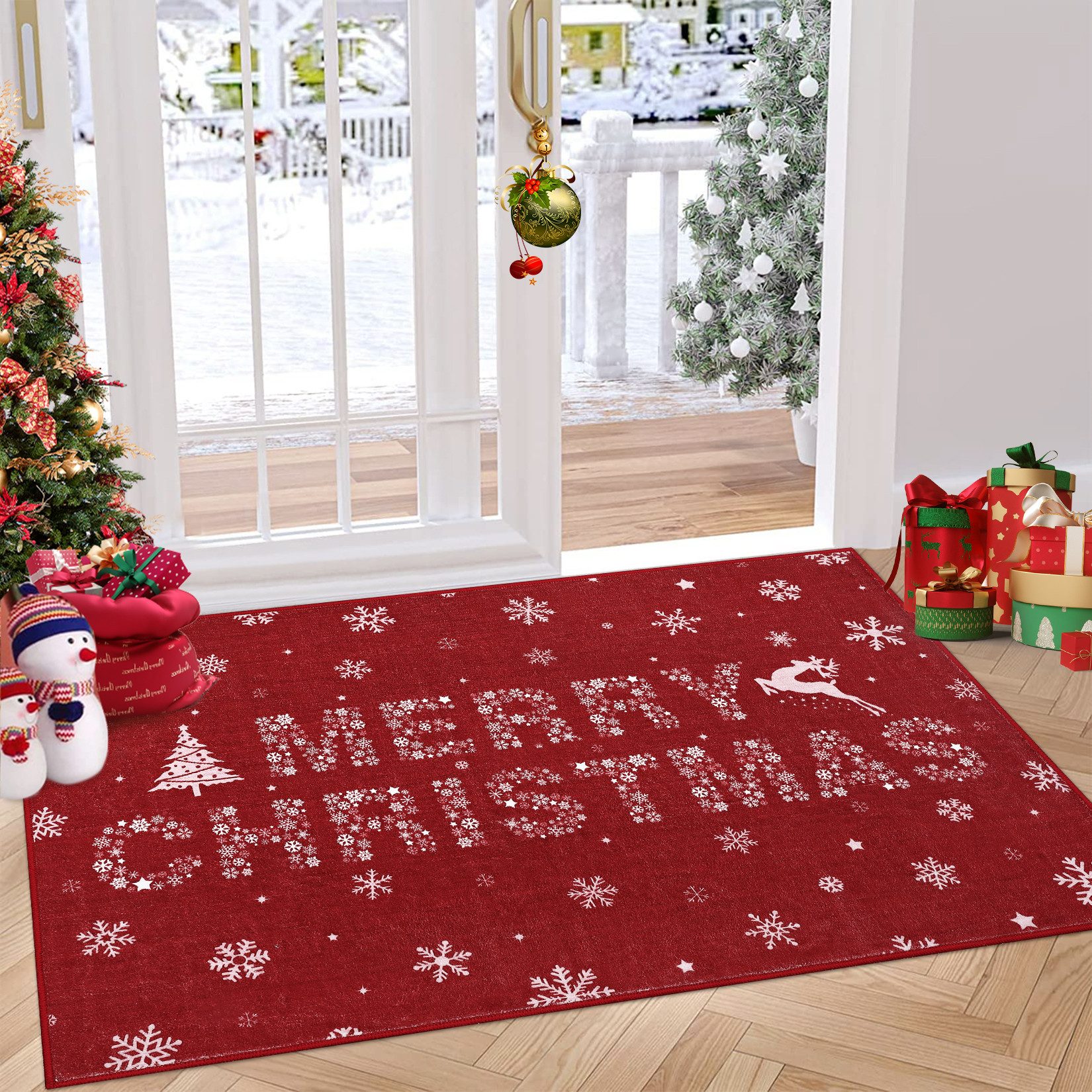 GarveeMore Teppich Wohnzimmer Weihnachtsteppich Waschbar rutschfest Teppich Schneeflocke