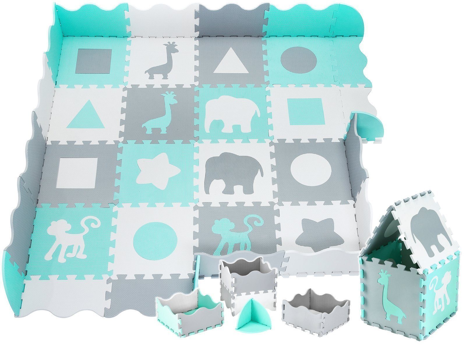 Moby-System Laufstall Schaumstoff-Puzzlematte XL 150 x 150 x 1 cm mit Rand, Mintgrün (16-tlg)