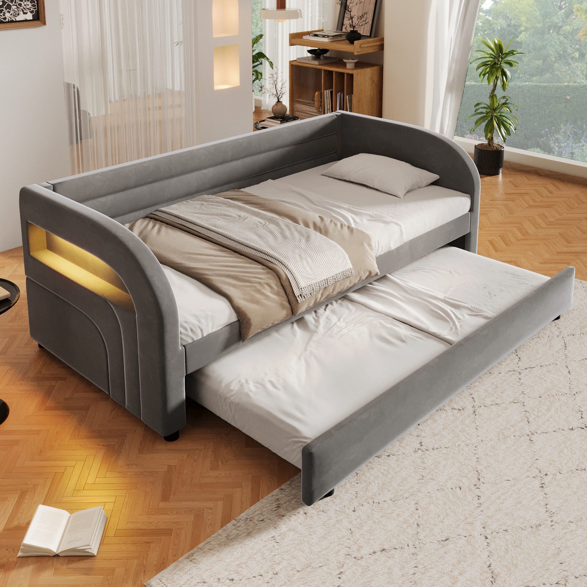Flieks Daybett, Polsterbett 90x200cm mit Ausziehbett 90x190cm und LED-Beleuchtung