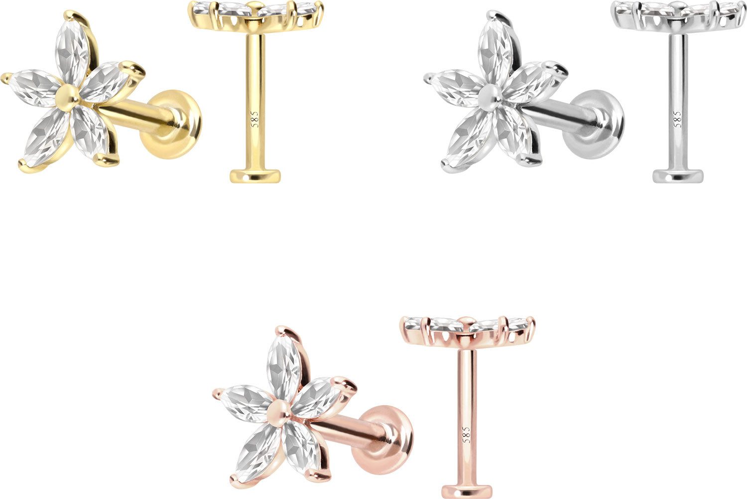 PIERCINGLINE Piercing-Set 14 Karat Gold Labret mit Innengewinde MOISSANIT-BLUME (Labrets, 1-tlg)
