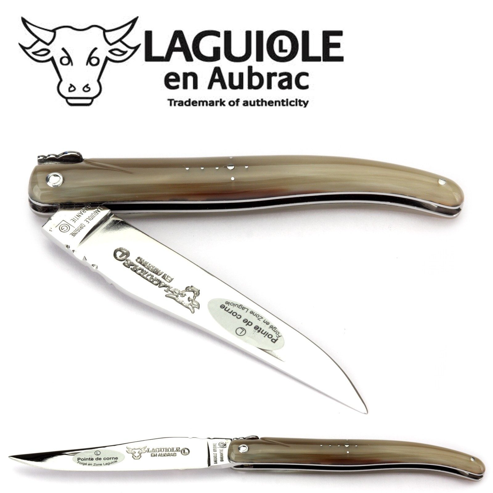 Laguiole en Aubrac Taschenmesser L0512PCIF, Griff 12cm Hornspitze - Verzierte Feder - Stahl glänzend