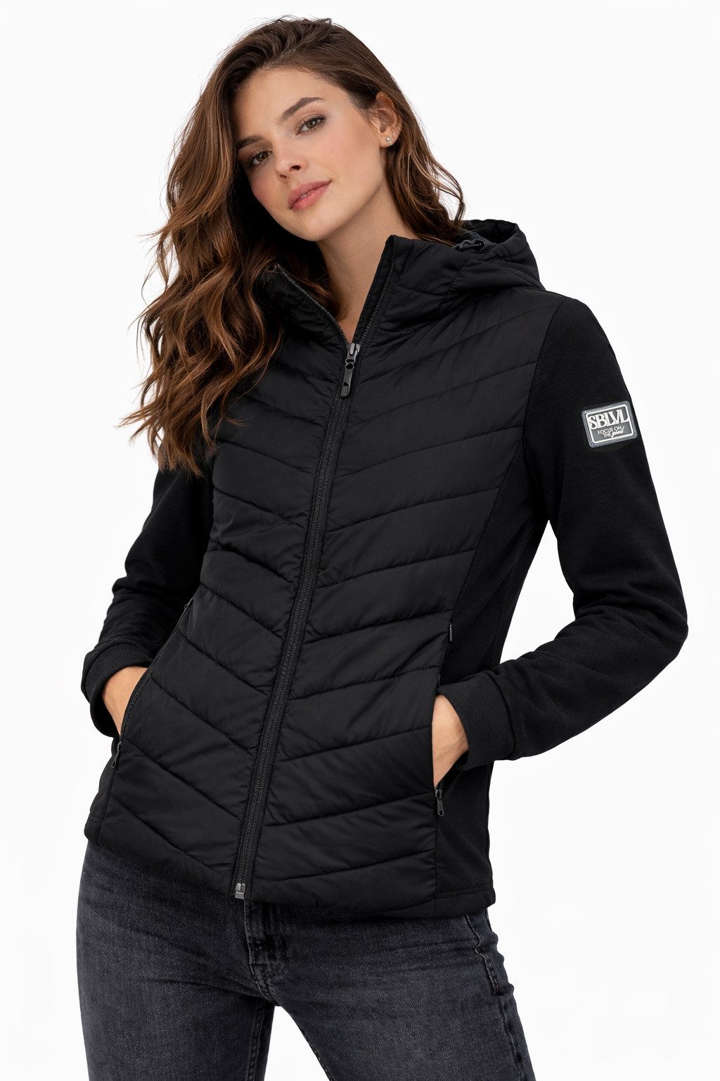 SUBLEVEL Steppjacke Damen Hybrid Jacke Leichte Übergangsjacke Kapuzenjacke Gesteppte Stepp-Front & Sweat-Ärmel, Outddor