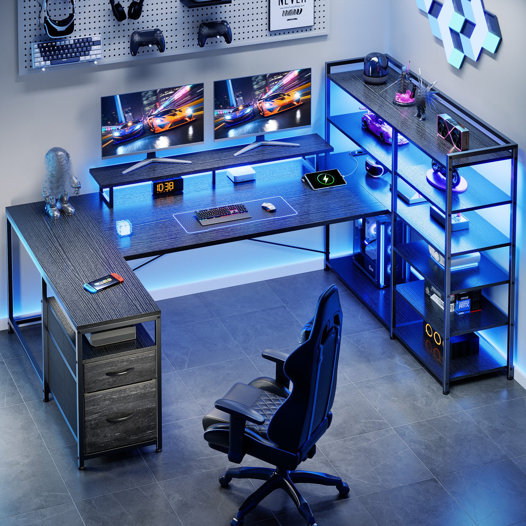 Klyvvo Eckschreibtisch U-Form Schreibtisch mit LED, 2 Schubladen & 6 Regalen (1-St., Monitorhalterung, Steckdosen), Großer Schreibtisch für Homeoffice, Studieren, Gaming