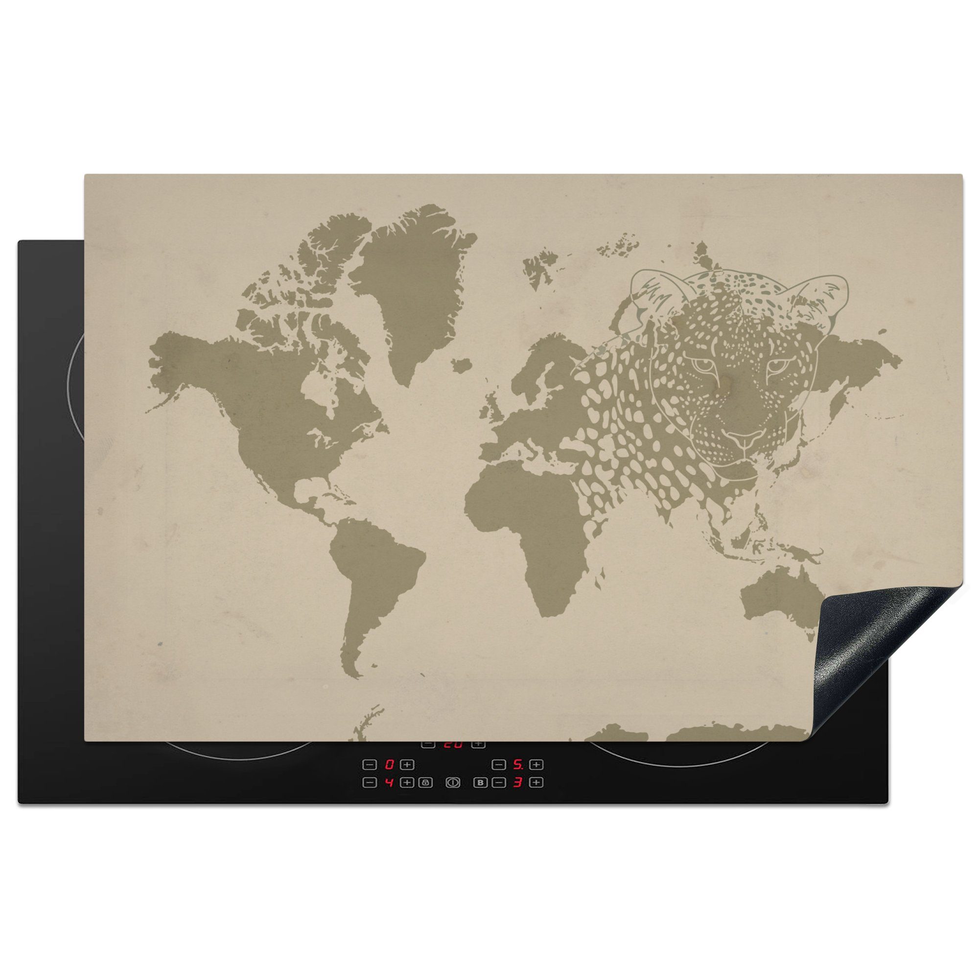 MuchoWow Herdblende-/Abdeckplatte Weltkarte - Braun - Panther, Vinyl, (1 tlg), 81x52 cm, Induktionskochfeld Schutz für die küche, Ceranfeldabdeckung