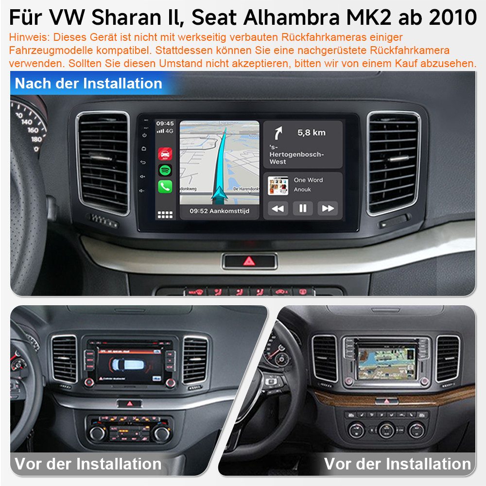 A-Sure 8-Core 4-Core Android 15 Carplay Navi Für VW Sharan 7N Seat Alhambra Autoradio (DSP, RDS, Digitalradio (DAB), USB)
