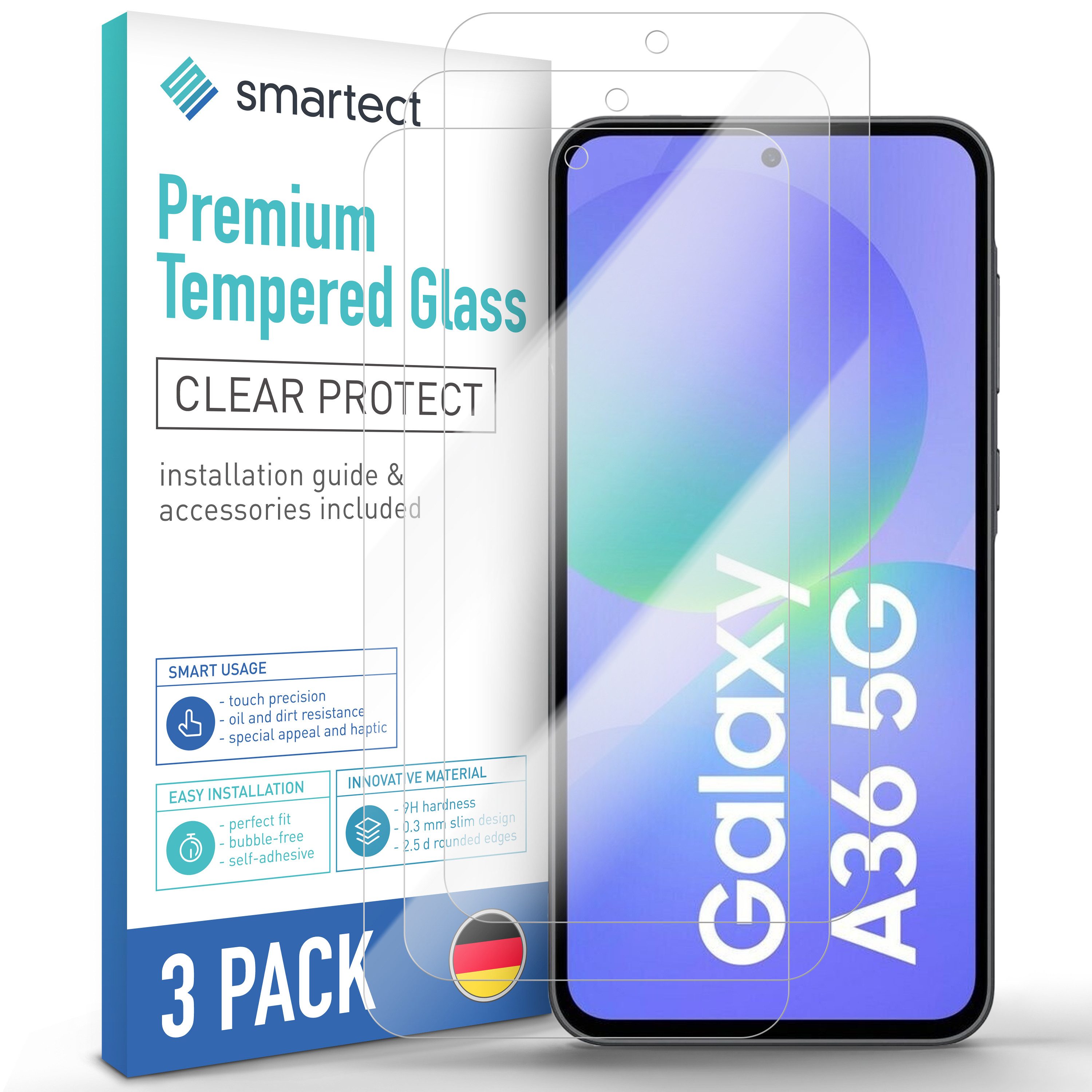 smartect Displayschutzglas 3X Schutzglas Panzerfolie Klar für Samsung Galaxy A36 5G für Samsung Galaxy A36 5G, Set, 3 Stück, 0.3 mm Ultra-klar, 9H Härte, Kratzfest, Stoßfest, Blasenfrei, Oleophob